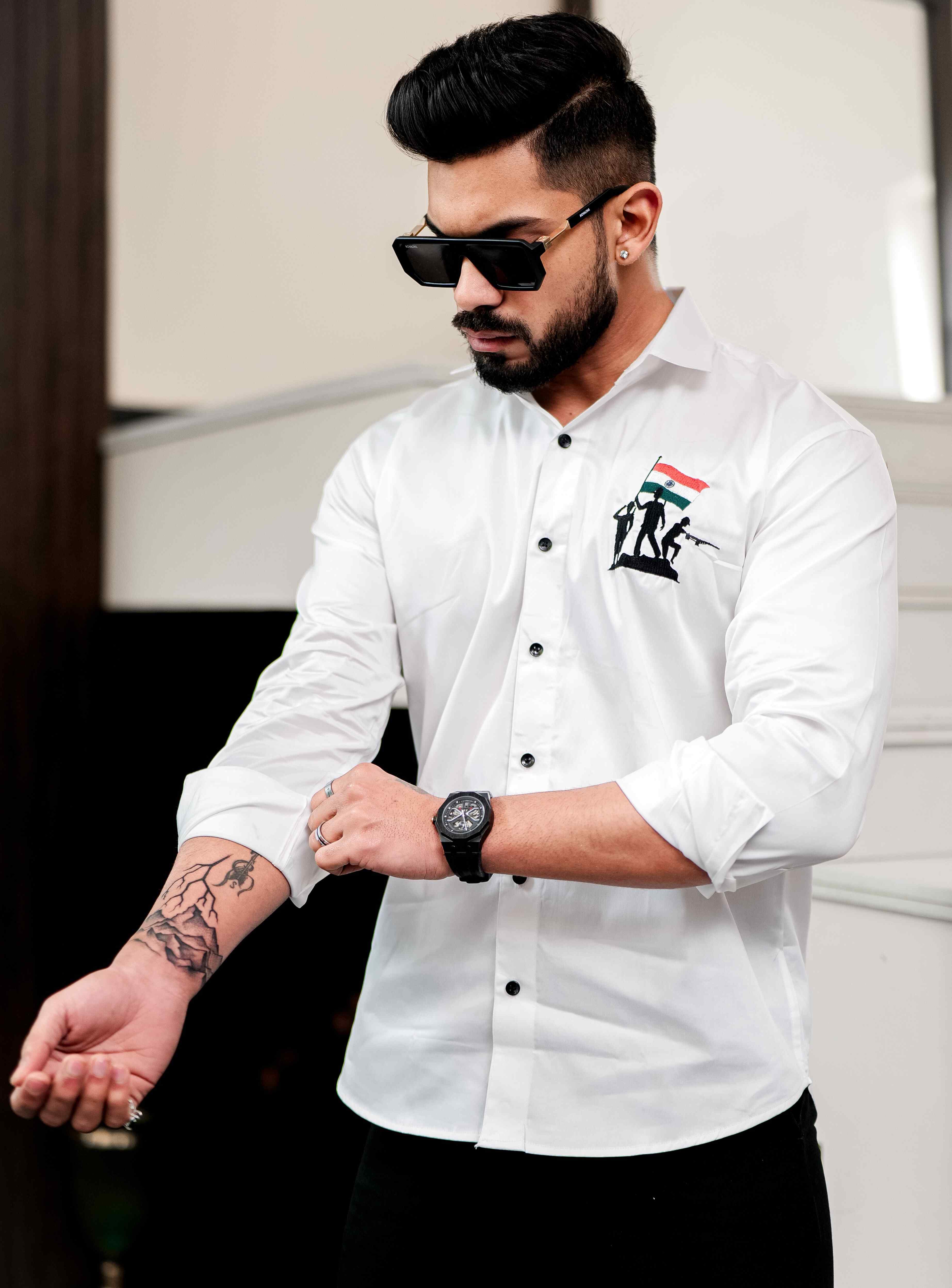 White Indian Flag Embroidered Satin Cotton Shirt - Image 4
