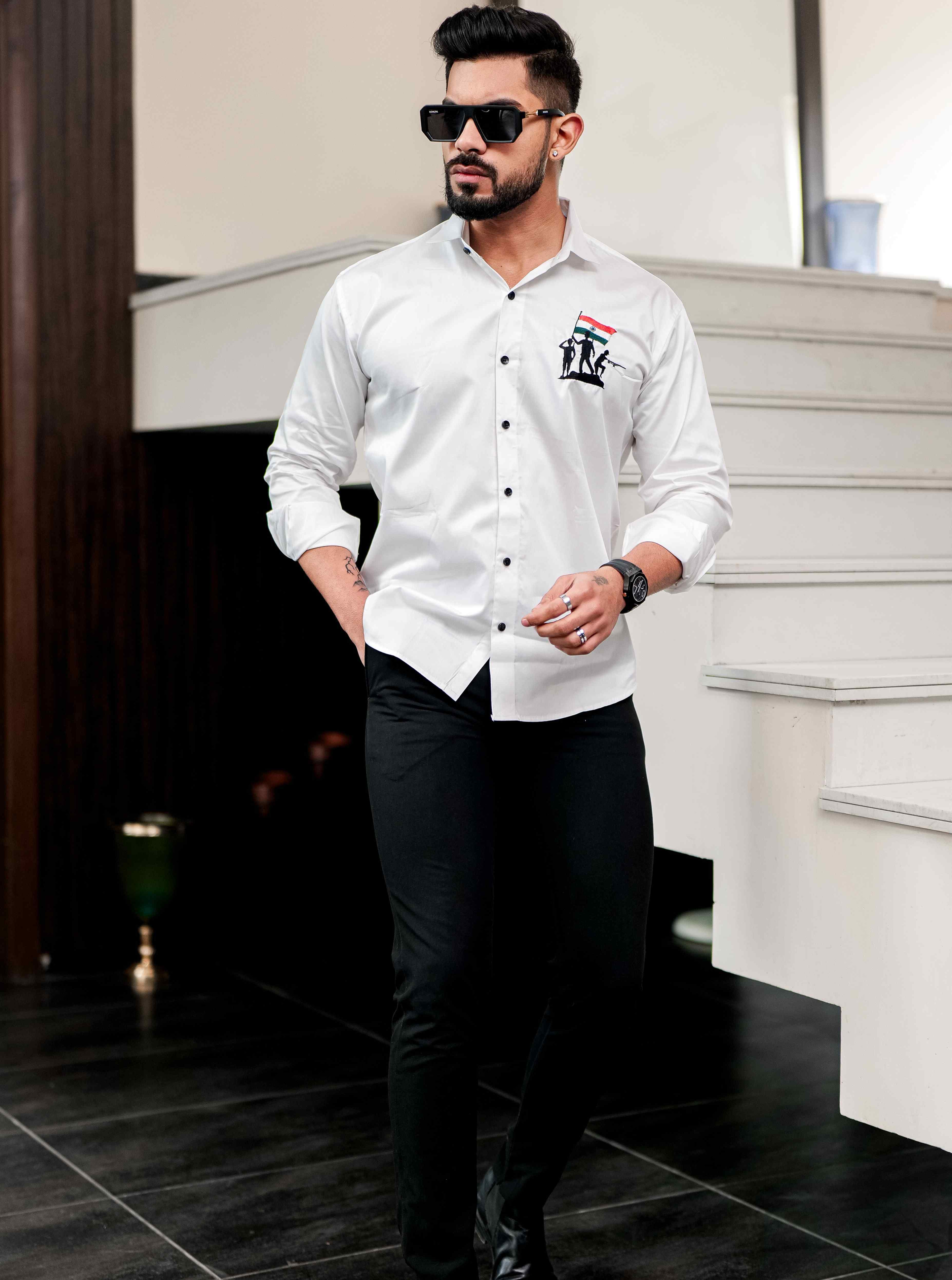 White Indian Flag Embroidered Satin Cotton Shirt - Image 5