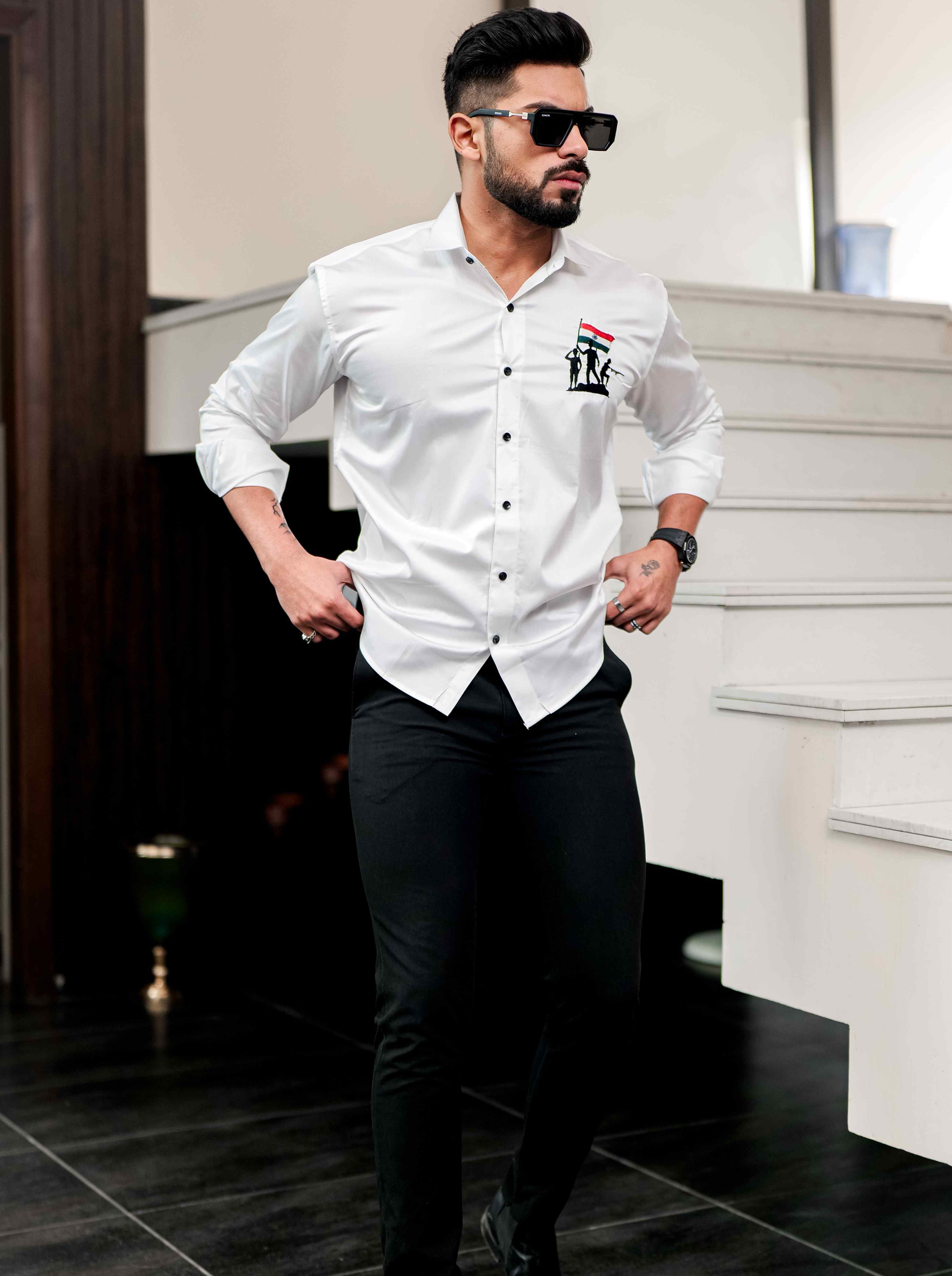 White Indian Flag Embroidered Satin Cotton Shirt - Image 7