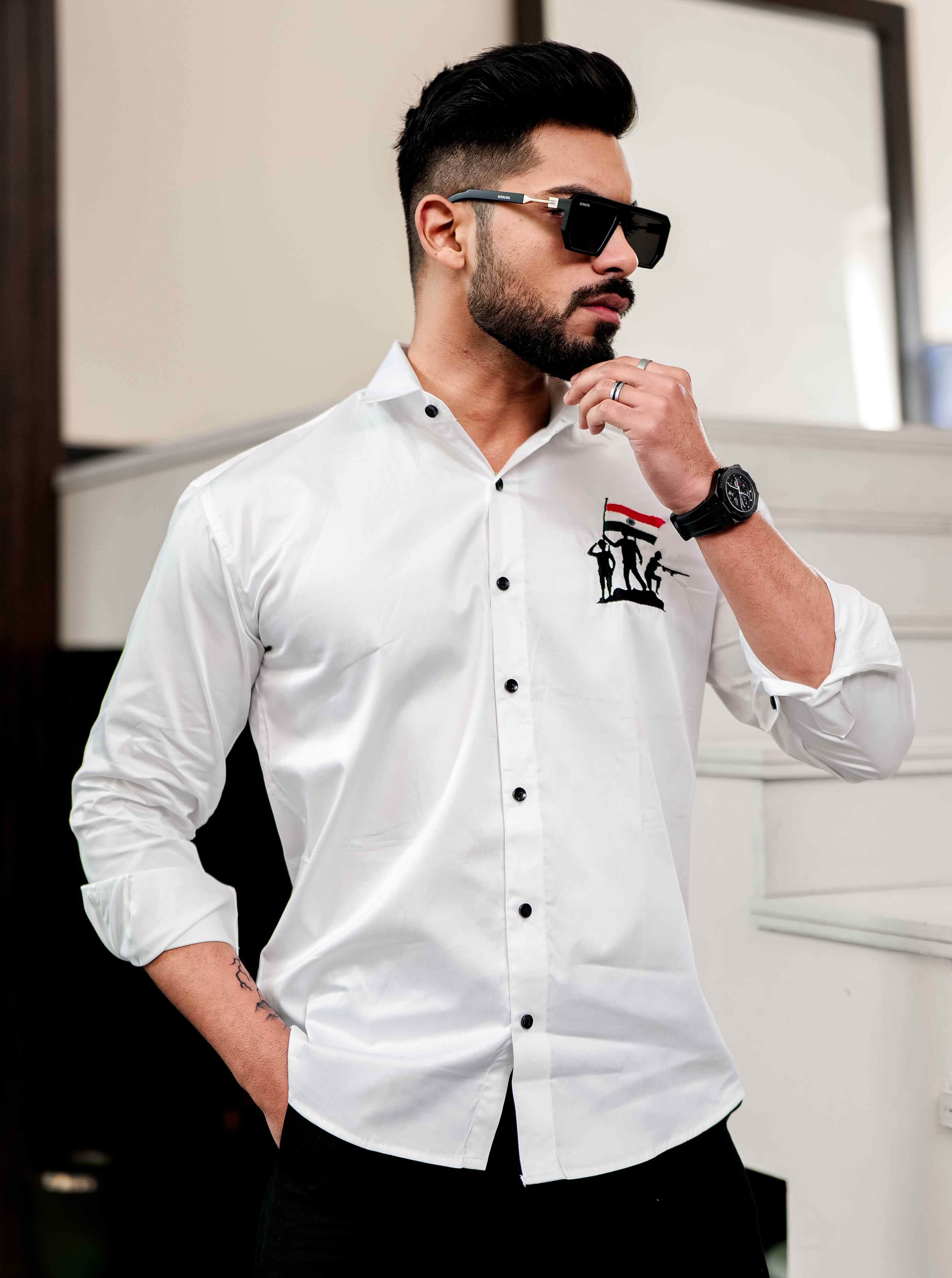 White Indian Flag Embroidered Satin Cotton Shirt - Image 8