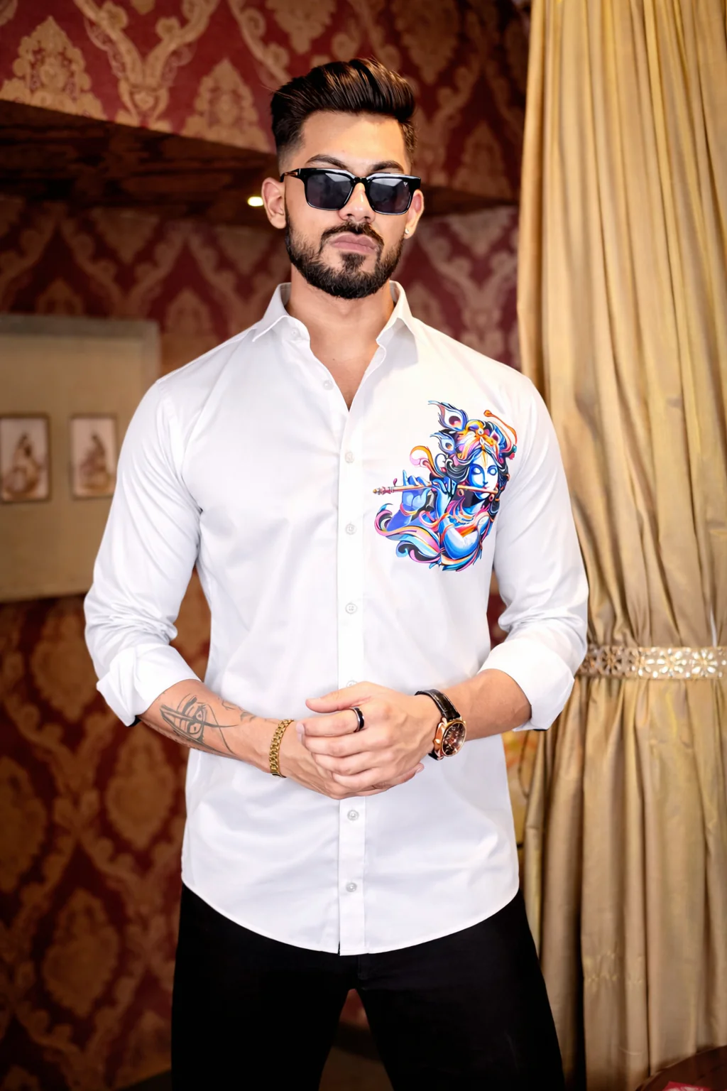 White Lord Krishna Club Wear Printed Satin Cotton Men's Shirt - Image 3
