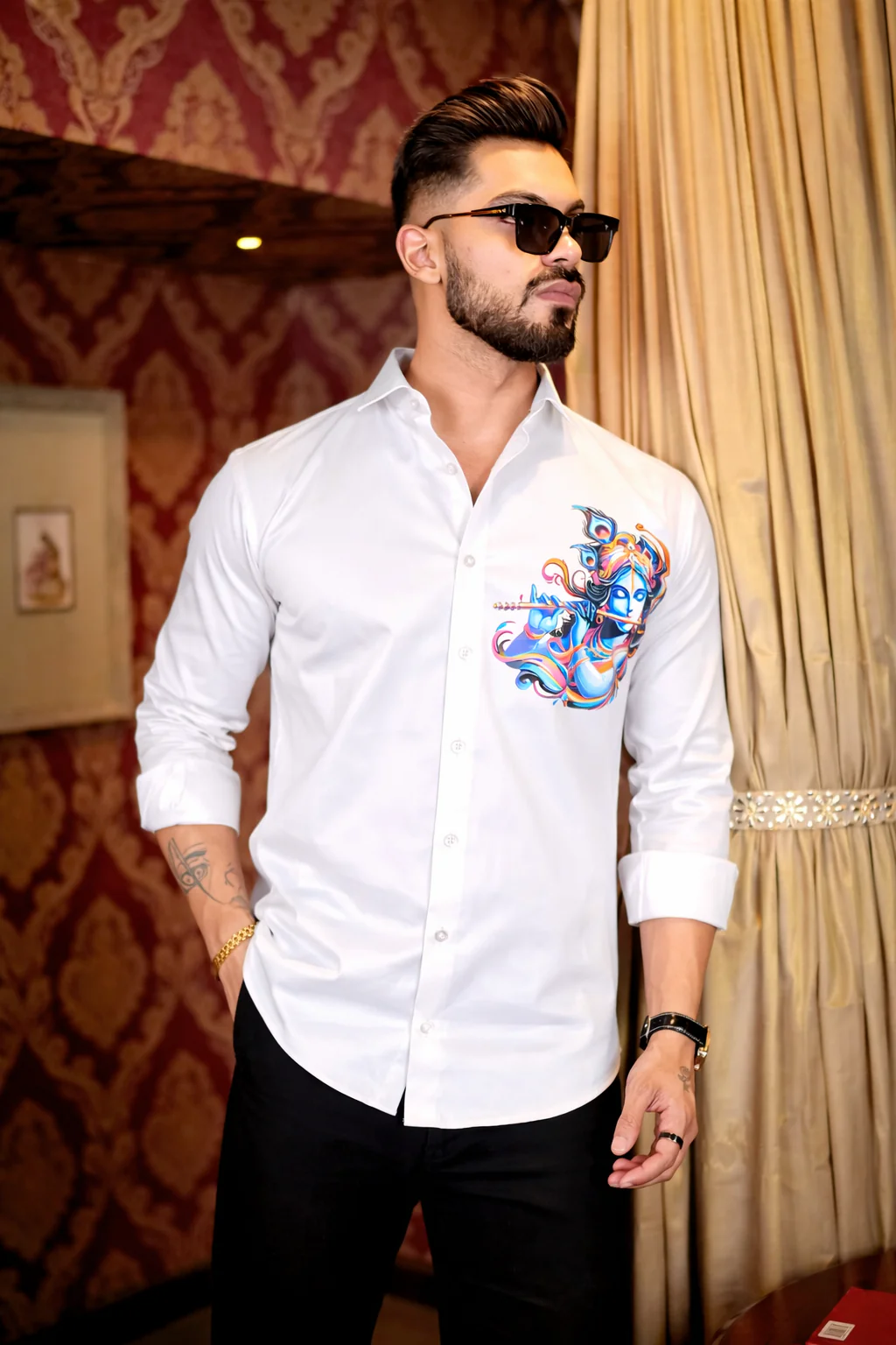 White Lord Krishna Club Wear Printed Satin Cotton Men's Shirt - Image 4
