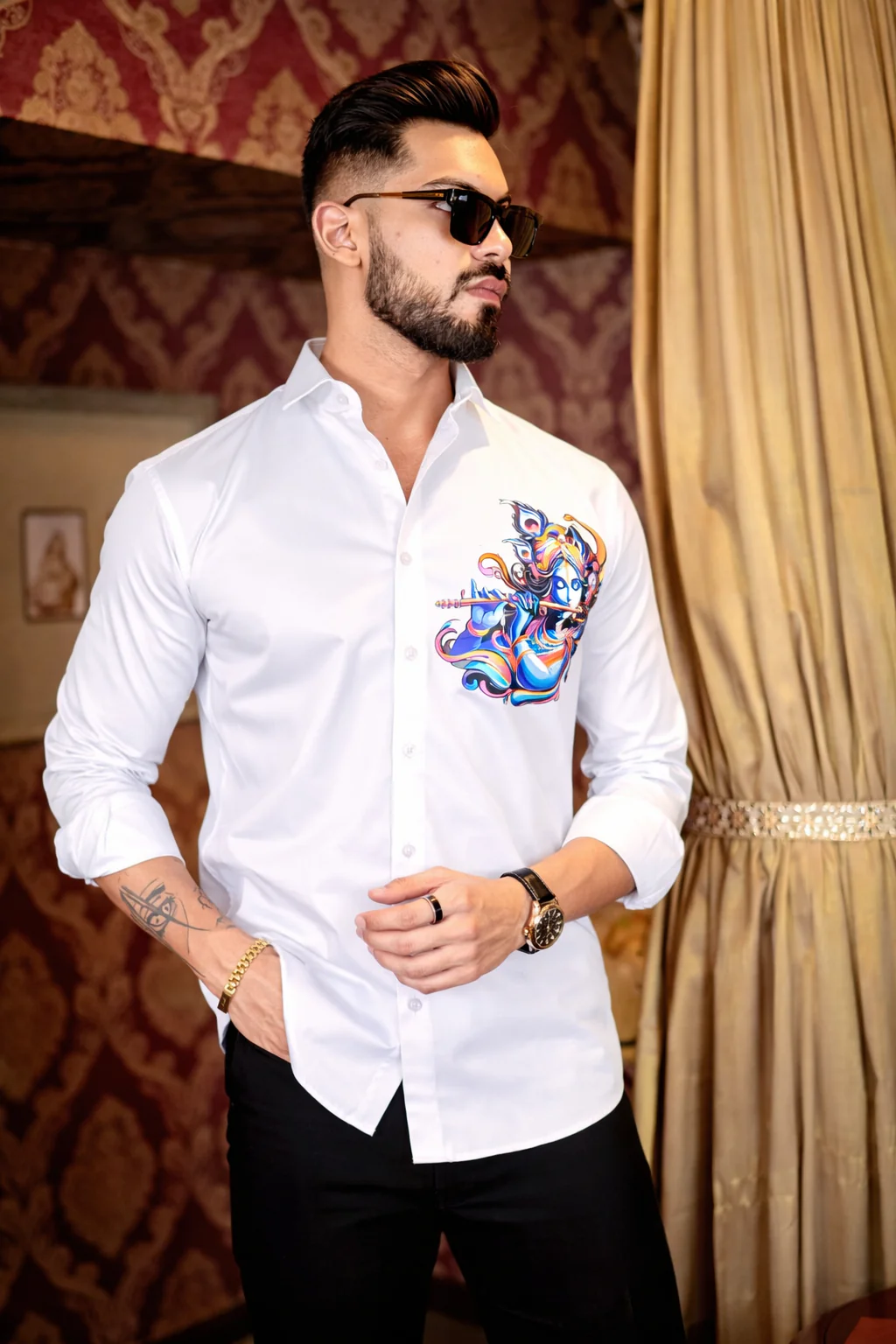 White Lord Krishna Club Wear Printed Satin Cotton Men's Shirt - Image 5