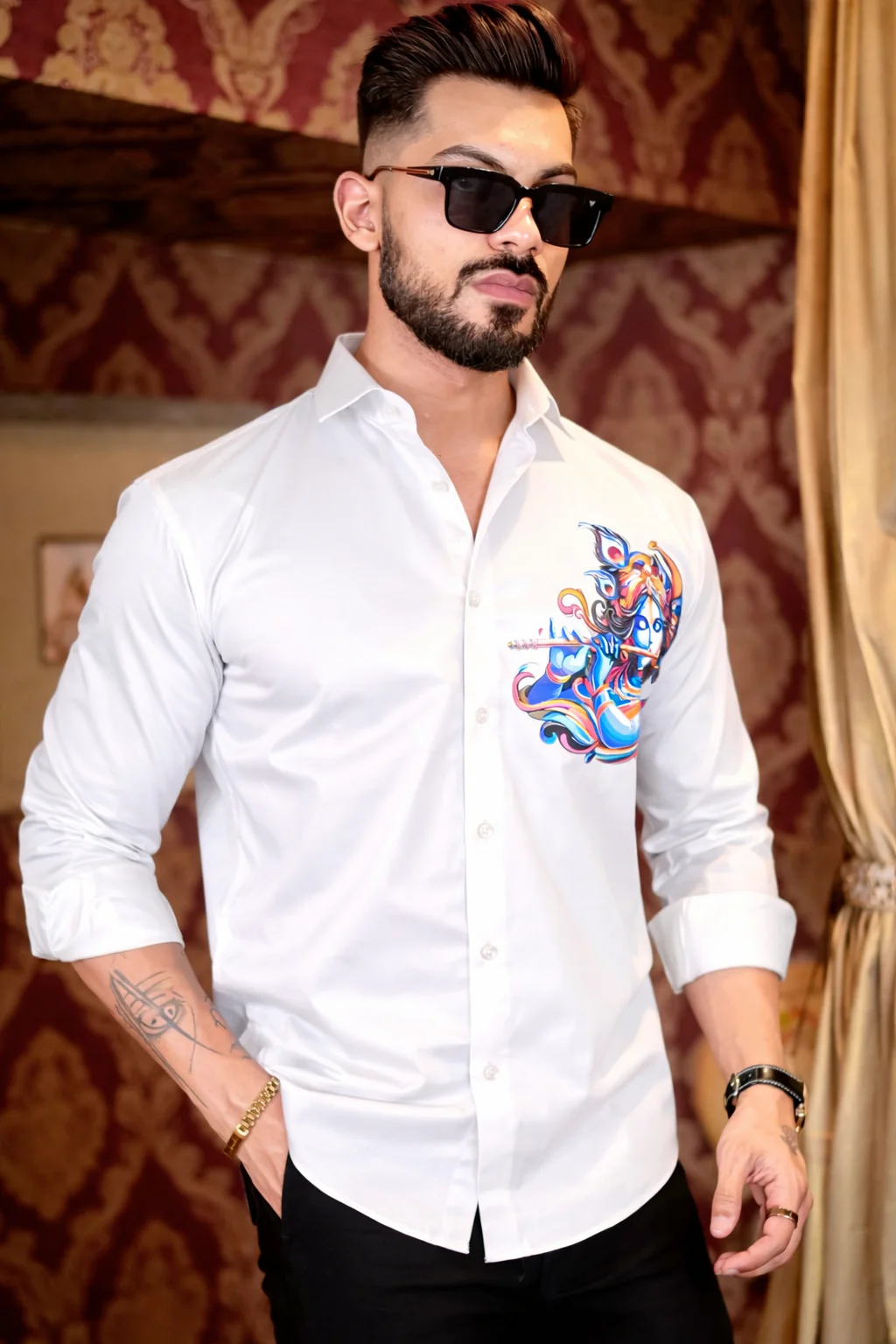 White Lord Krishna Club Wear Printed Satin Cotton Men's Shirt - Image 6