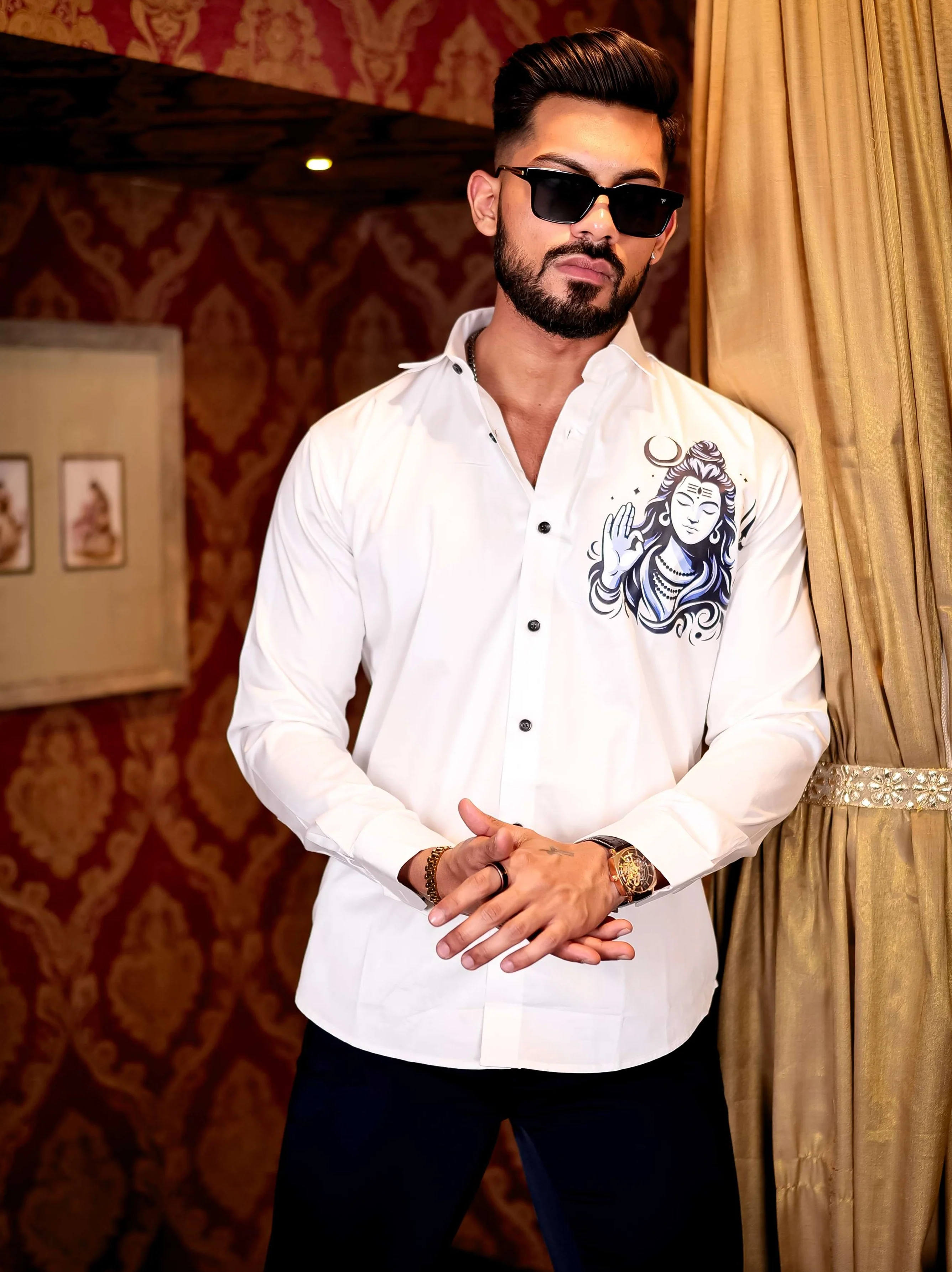 White Lord Shiva Club Wear Printed Satin Cotton Shirt - Image 4