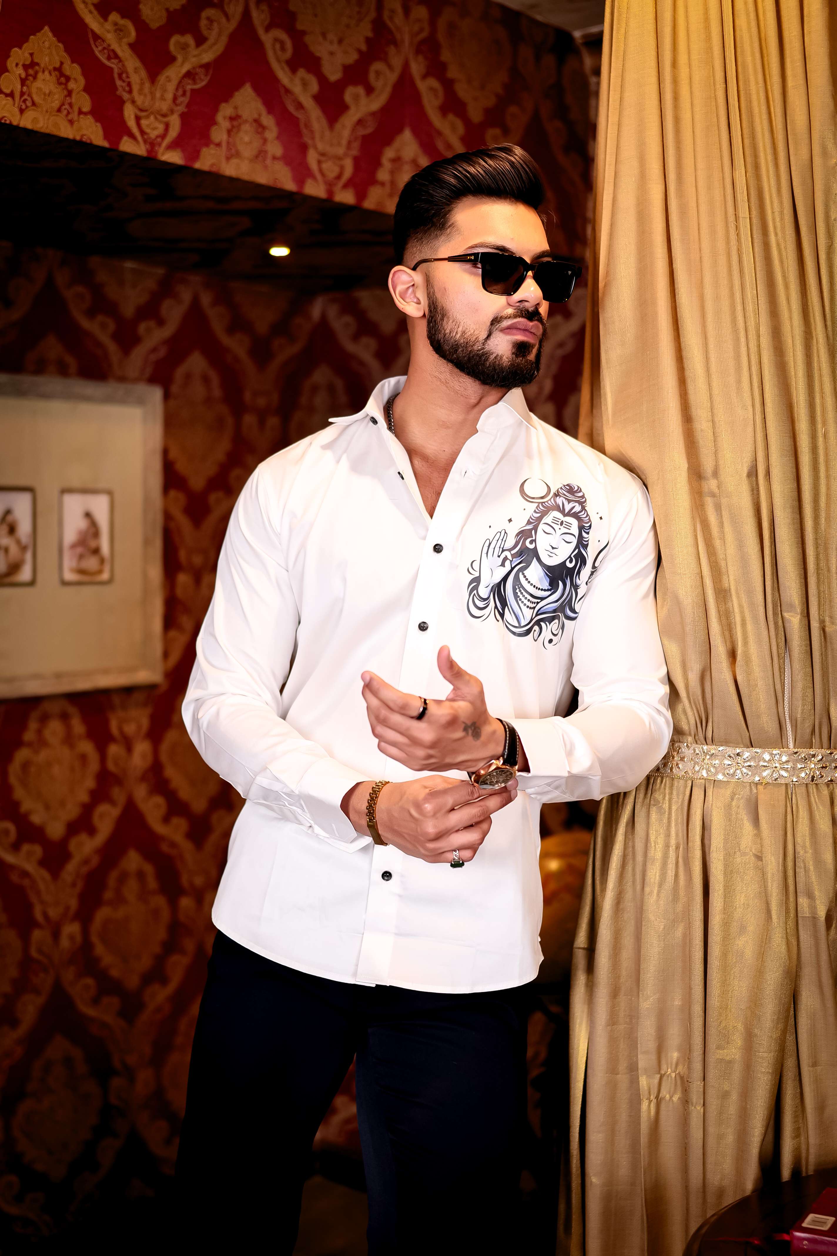 White Lord Shiva Club Wear Printed Satin Cotton Shirt - Image 6