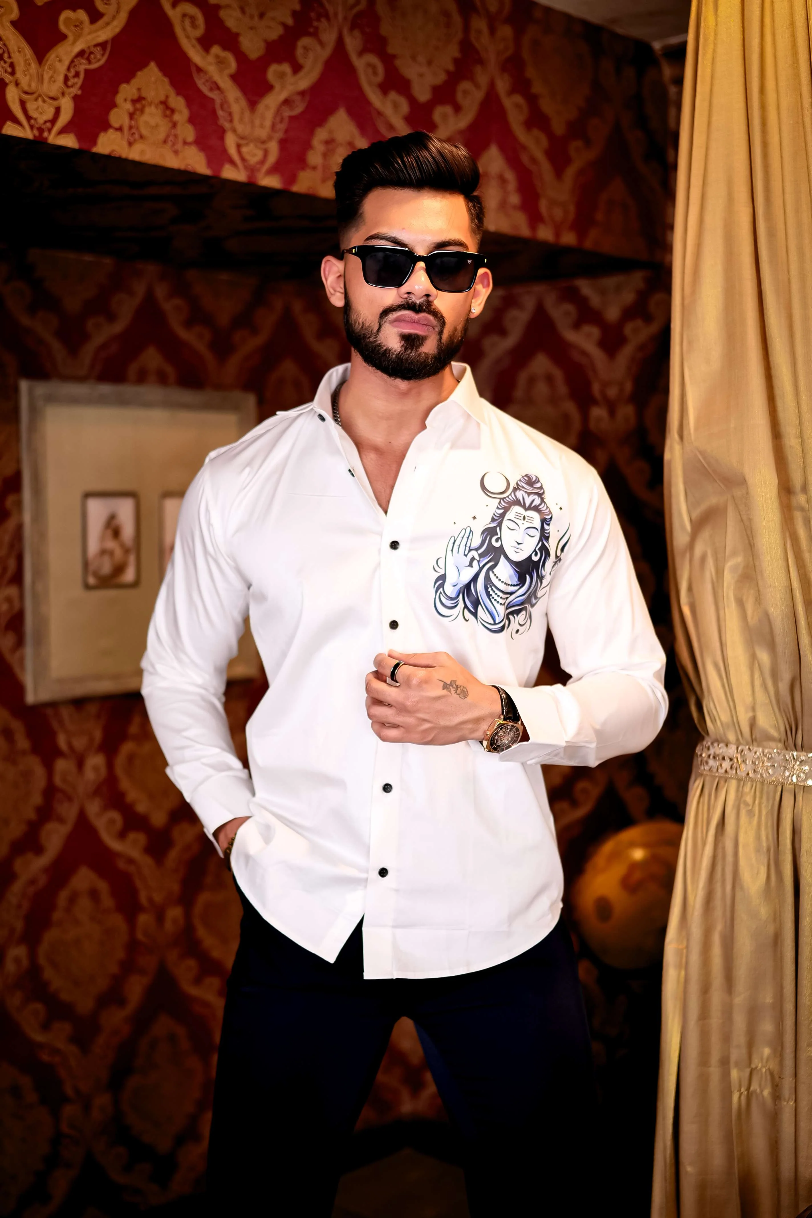 White Lord Shiva Club Wear Printed Satin Cotton Shirt - Image 7