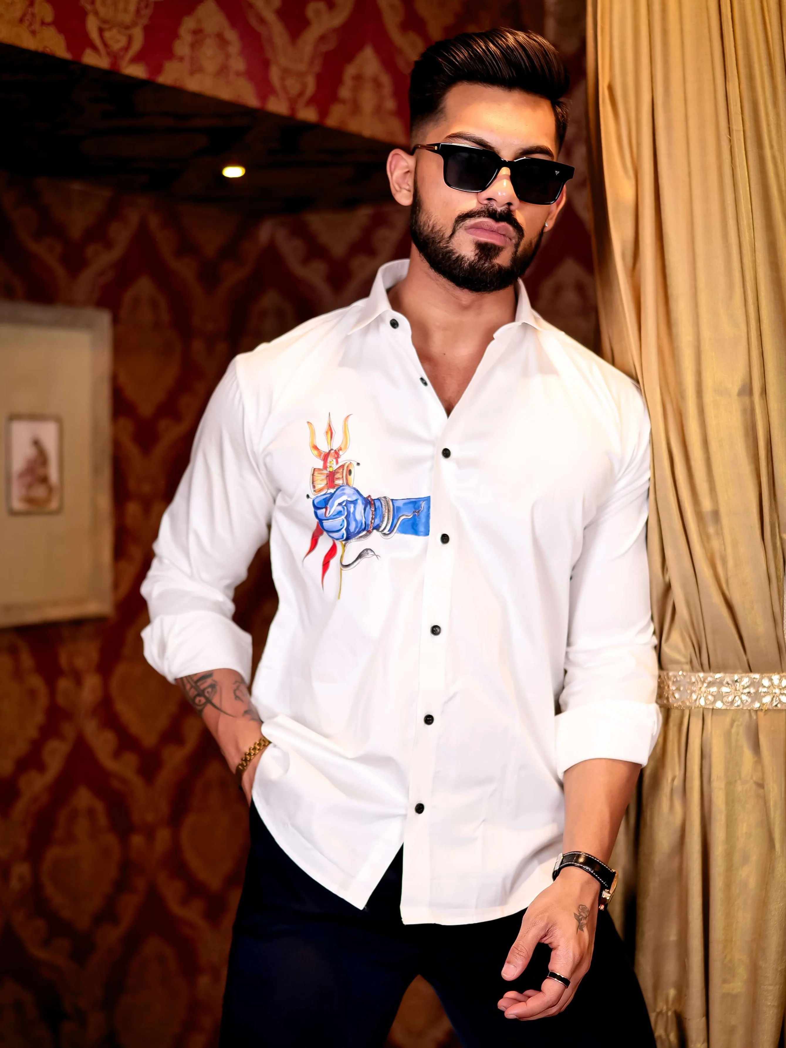 Trishul White Club Wear Printed Satin Cotton Shirt - Image 2