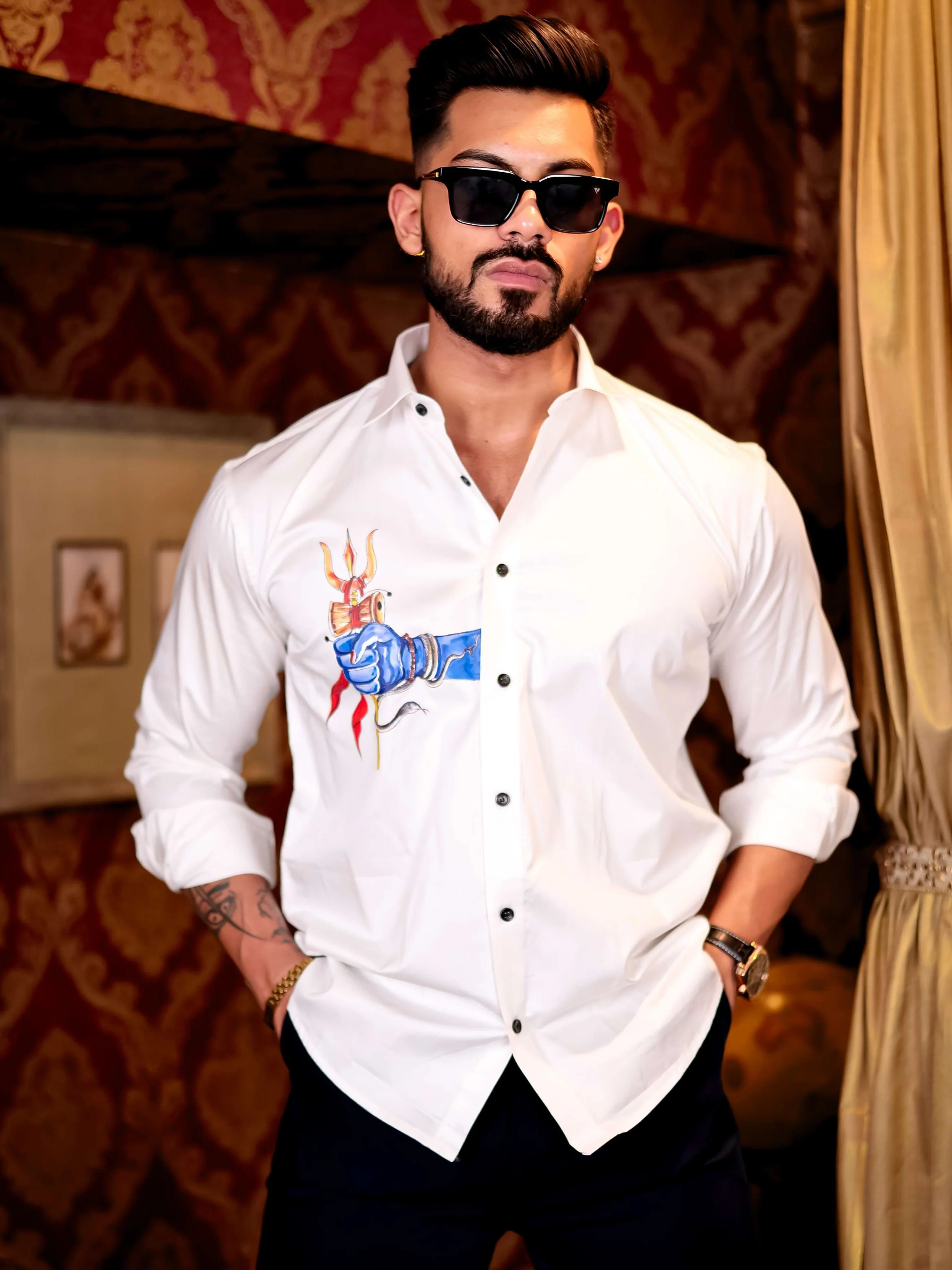 Trishul White Club Wear Printed Satin Cotton Shirt - Image 3