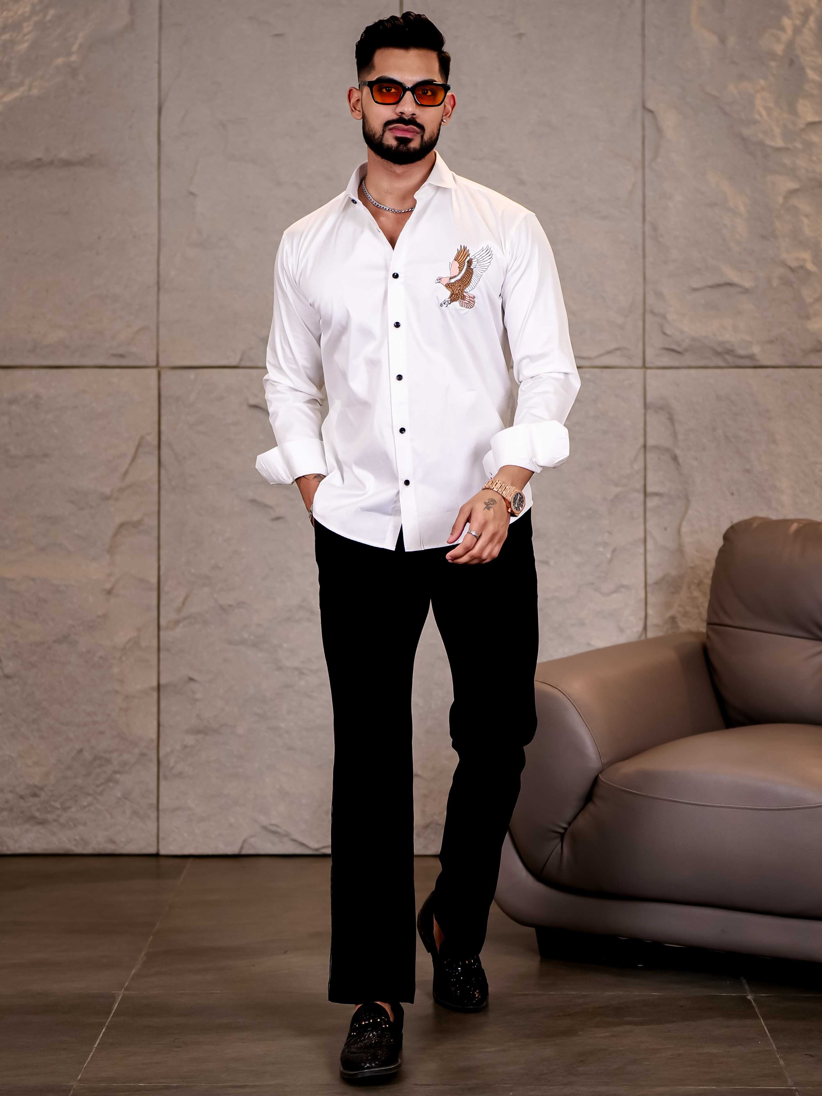 White Multicolor Falcon Embroidered Club Wear Satin Cotton Shirt - Image 6