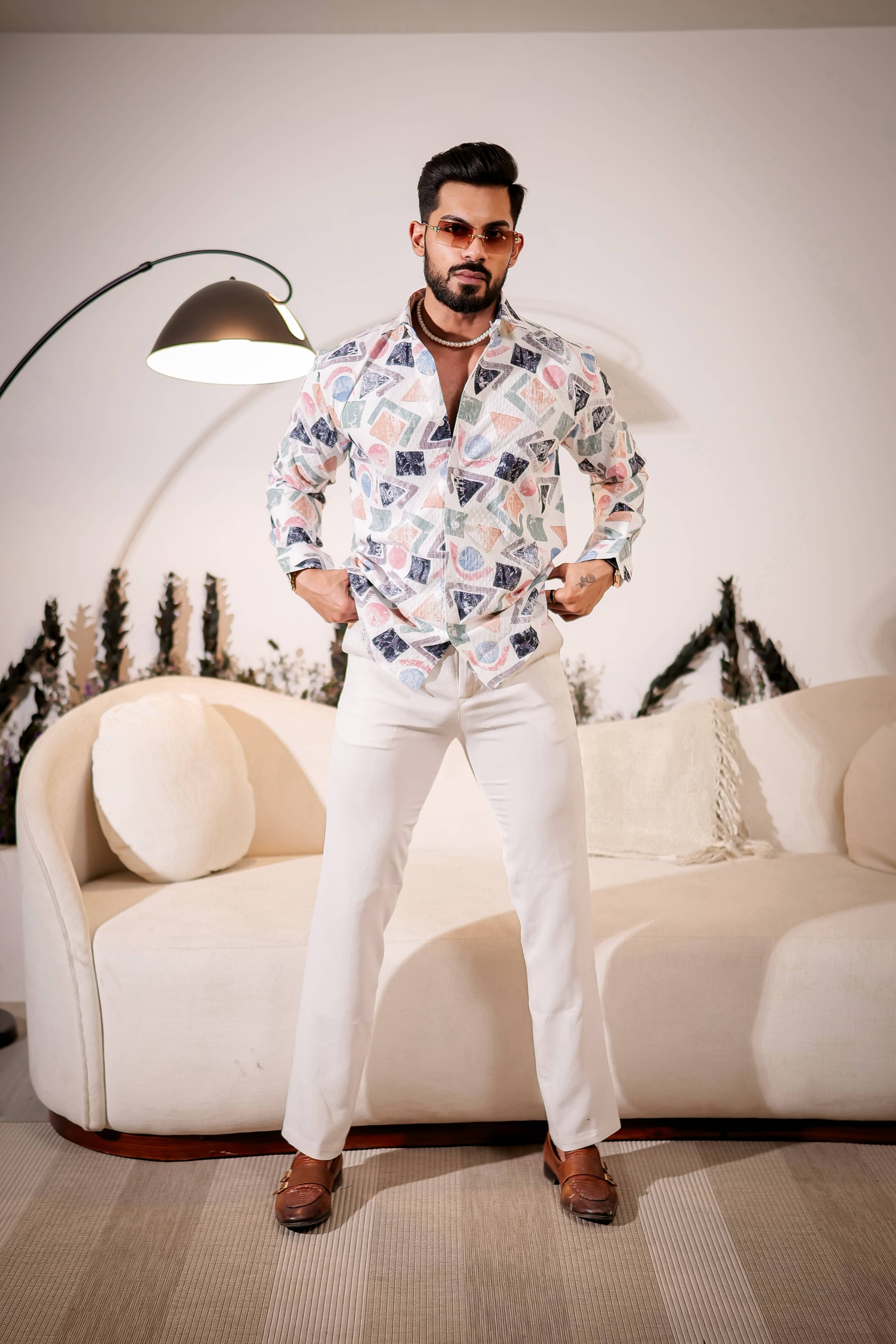 White Multicolor Imported Premium Shirt for Men's - Image 8