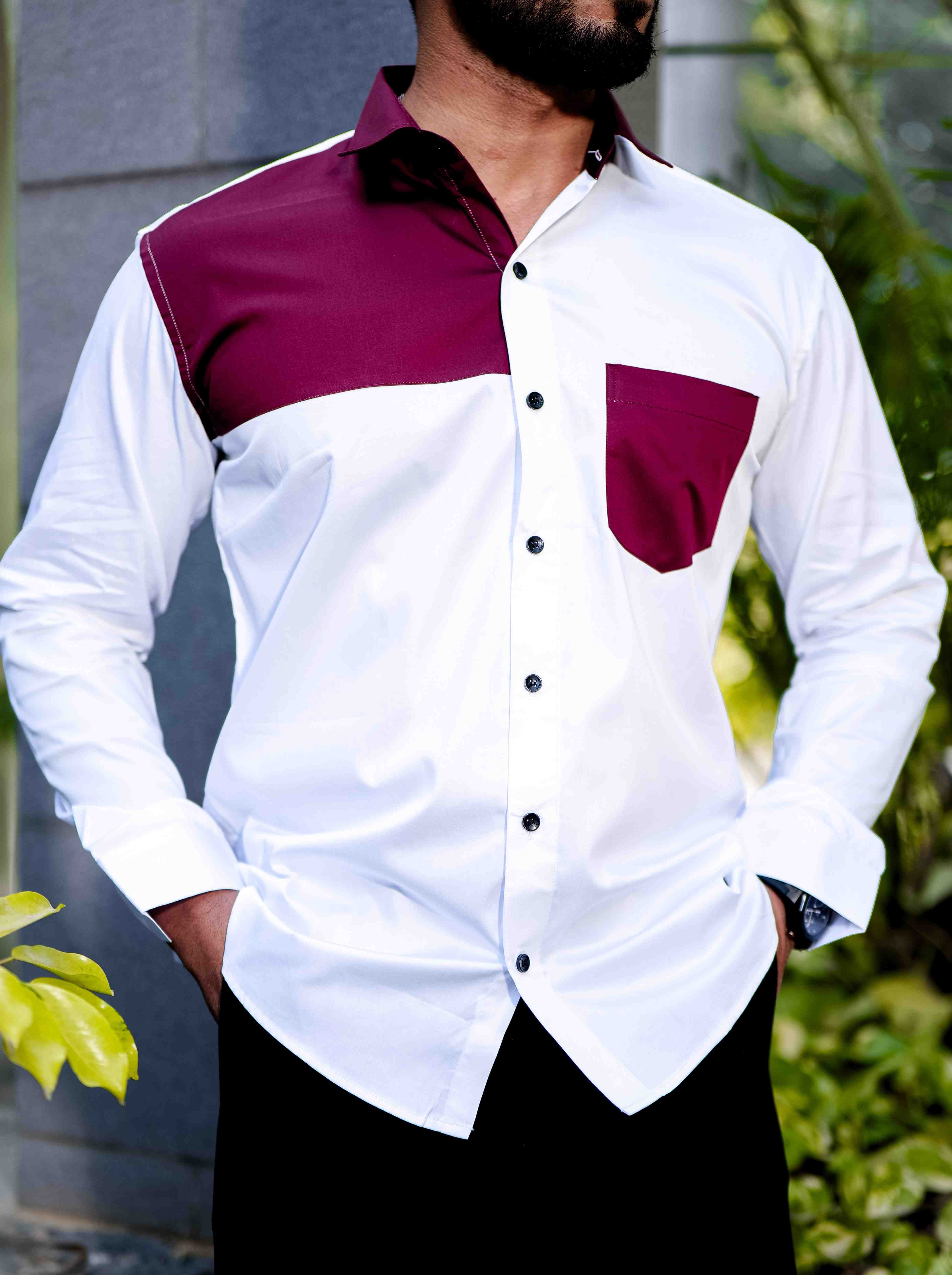 White and Maroon Cut n sew Satin Cotton Designer Shirt - Image 2