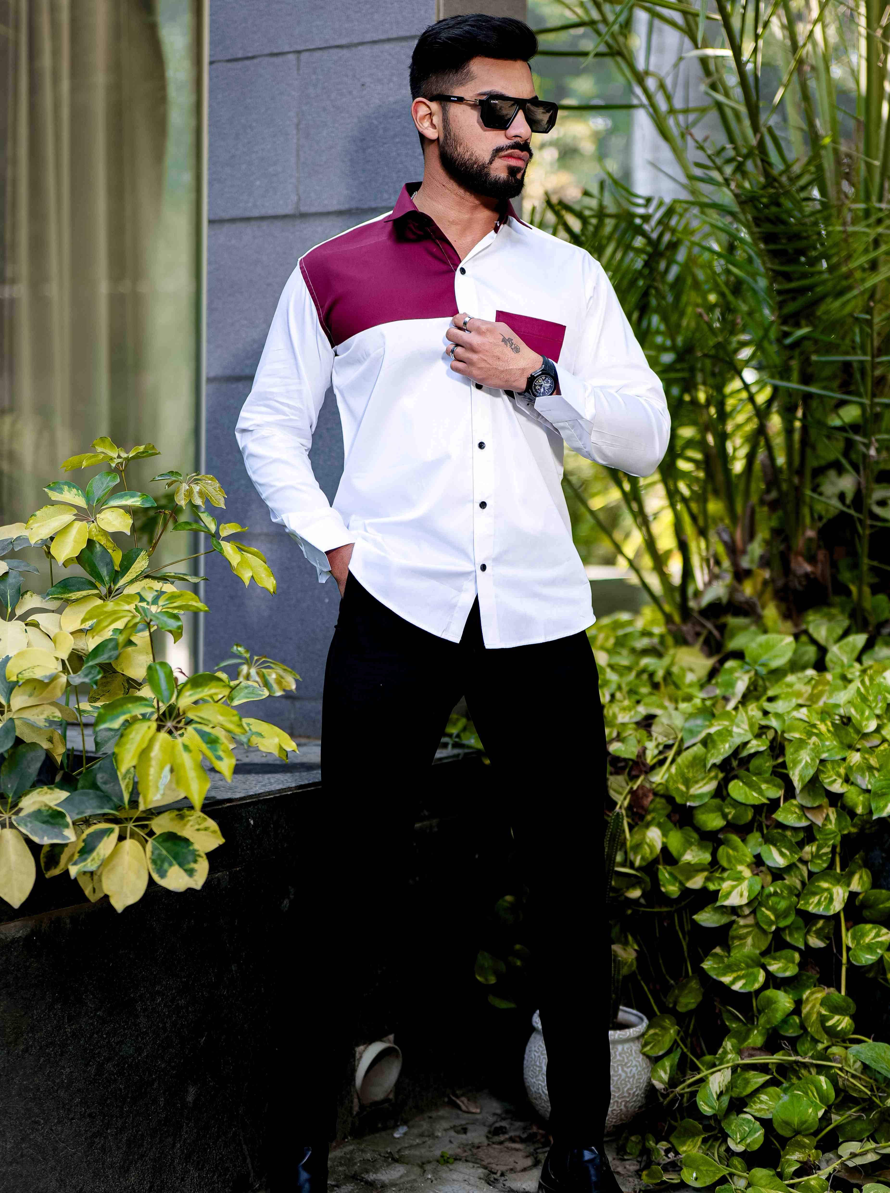 White and Maroon Cut n sew Satin Cotton Designer Shirt - Image 5