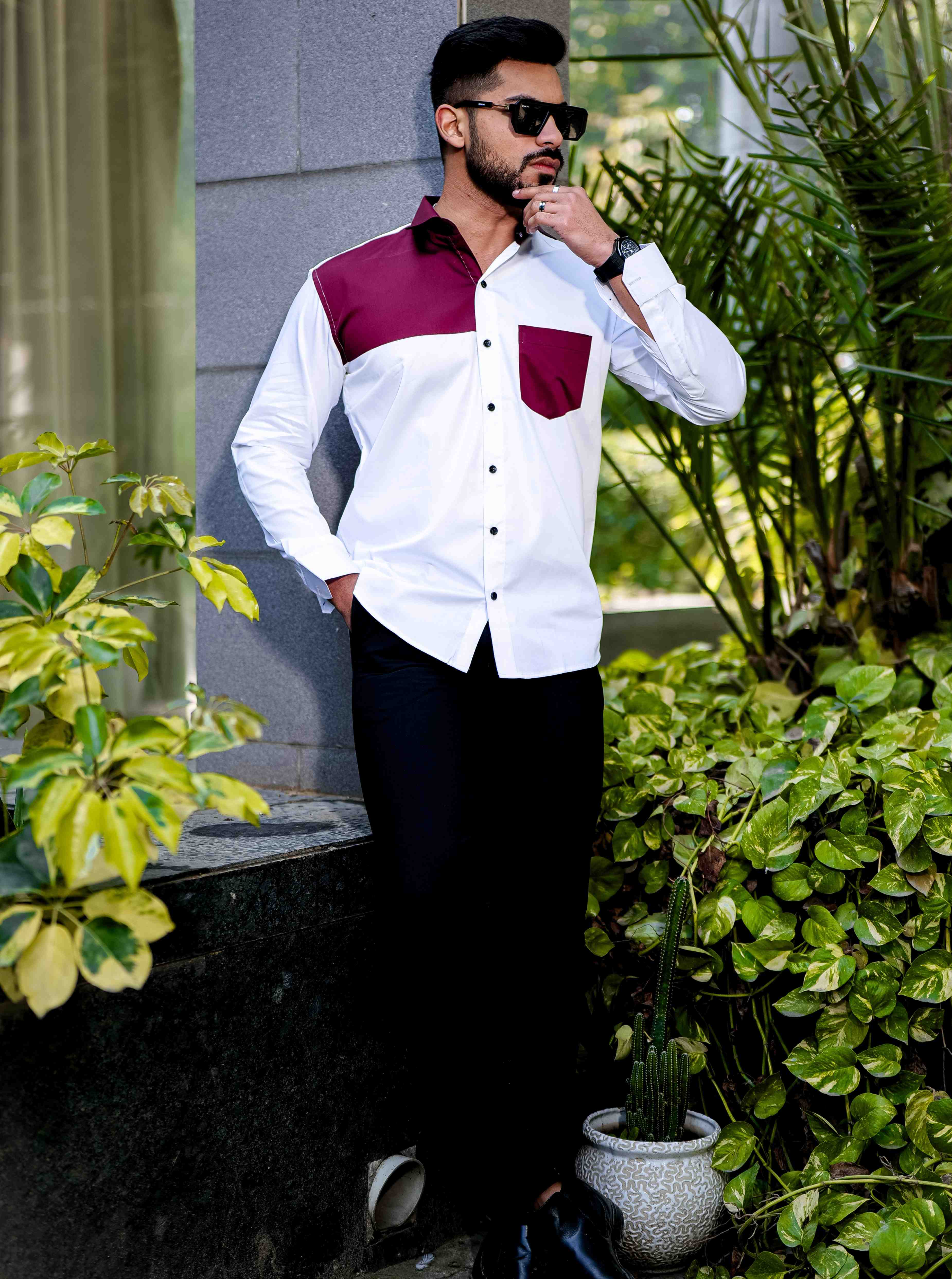 White and Maroon Cut n sew Satin Cotton Designer Shirt - Image 6