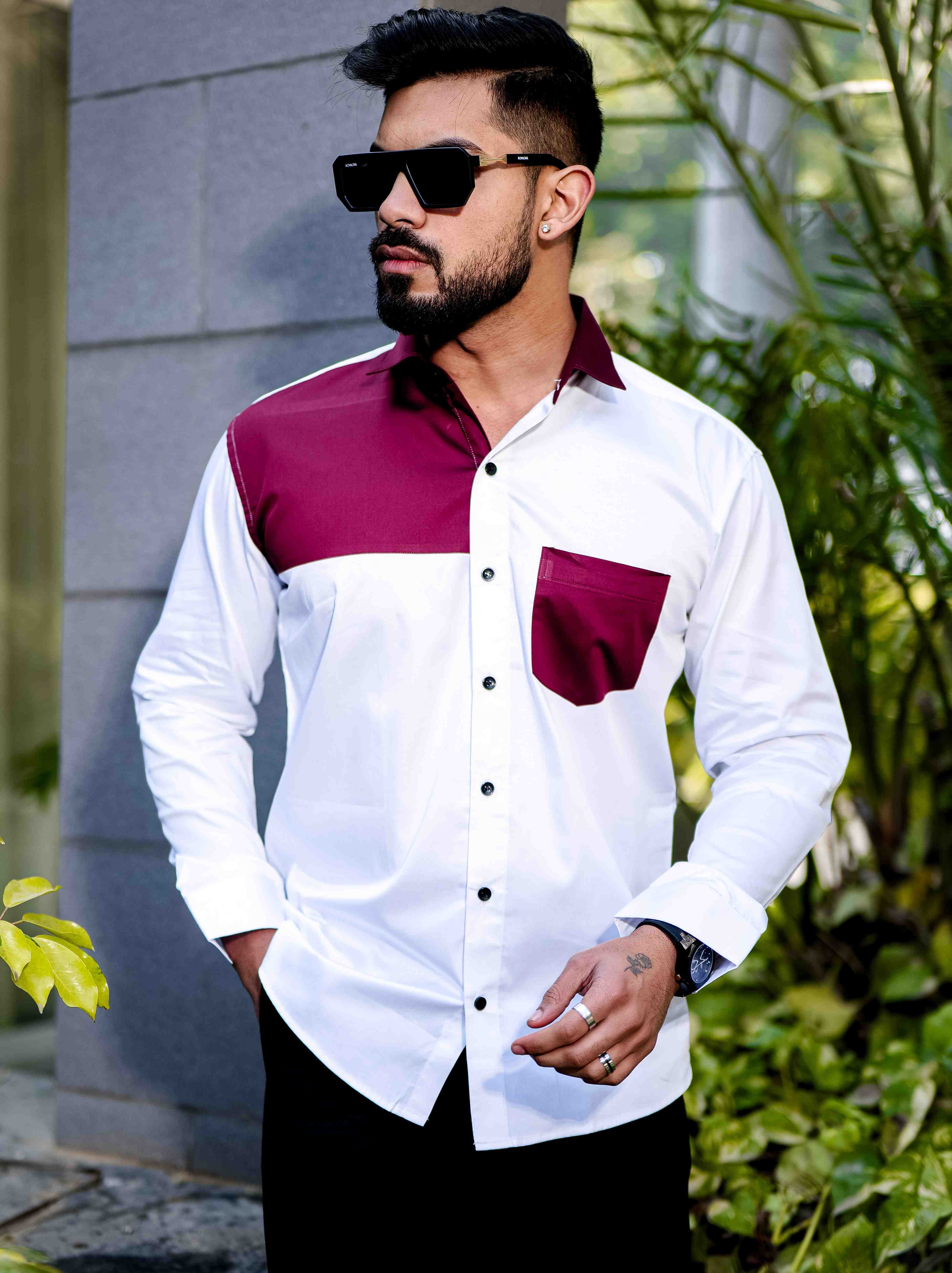 White and Maroon Cut n sew Satin Cotton Designer Shirt - Image 9