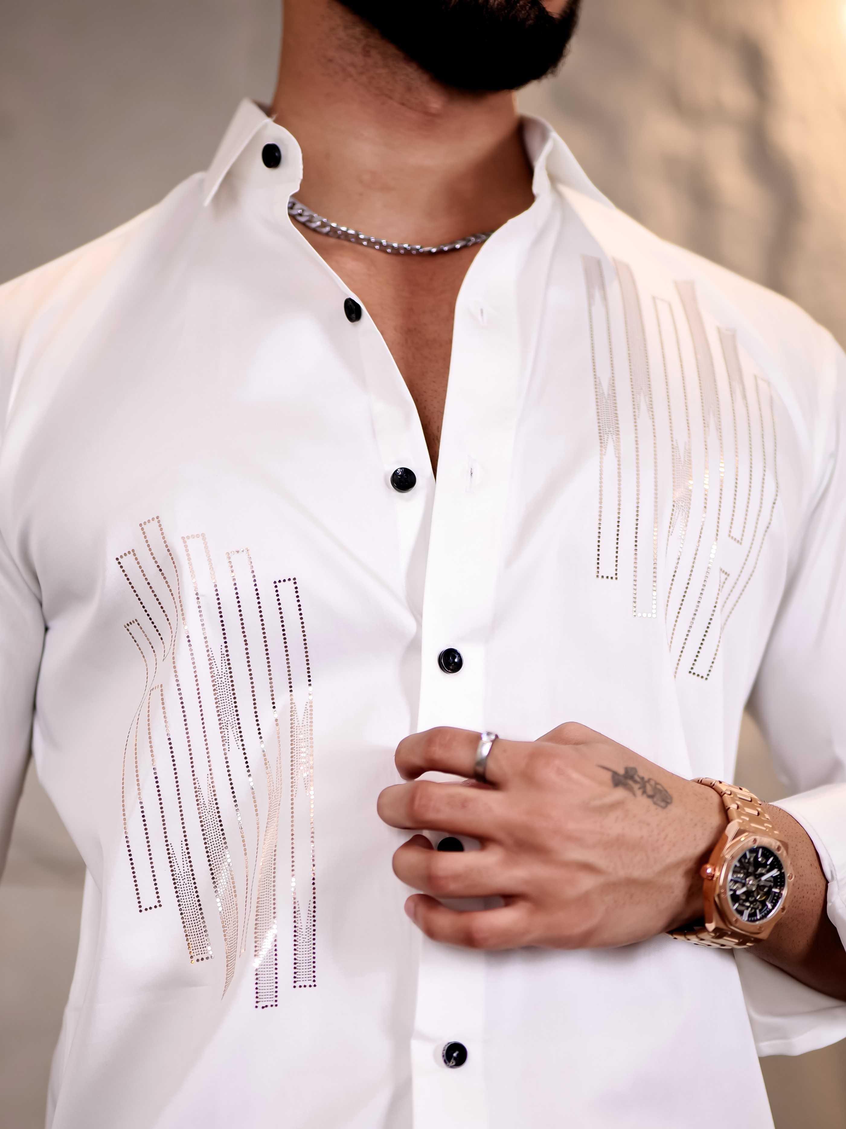 White Sequence Club Wear Satin Cotton Party Shirt - Image 2