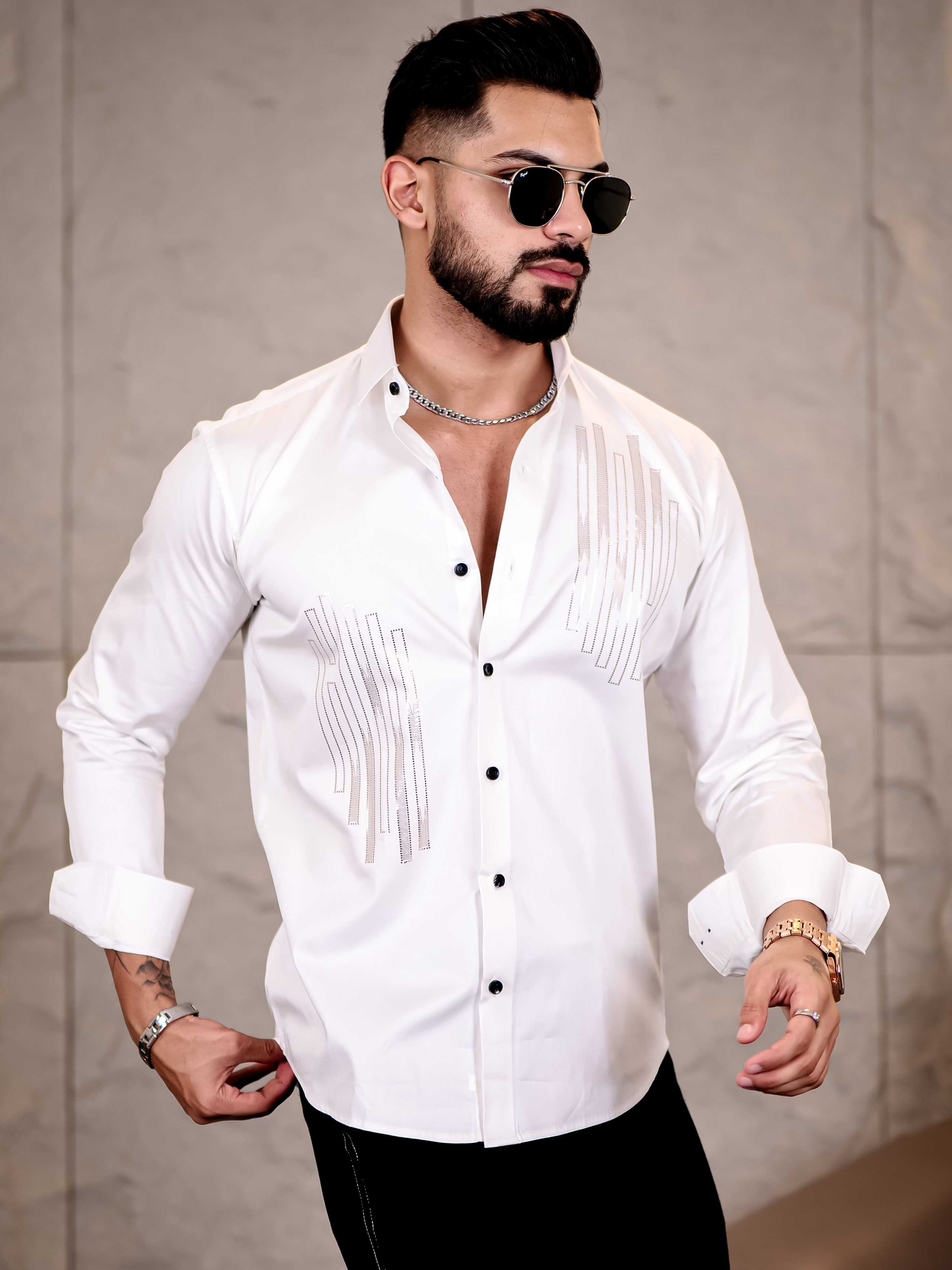 White Sequence Club Wear Satin Cotton Party Shirt - Image 4