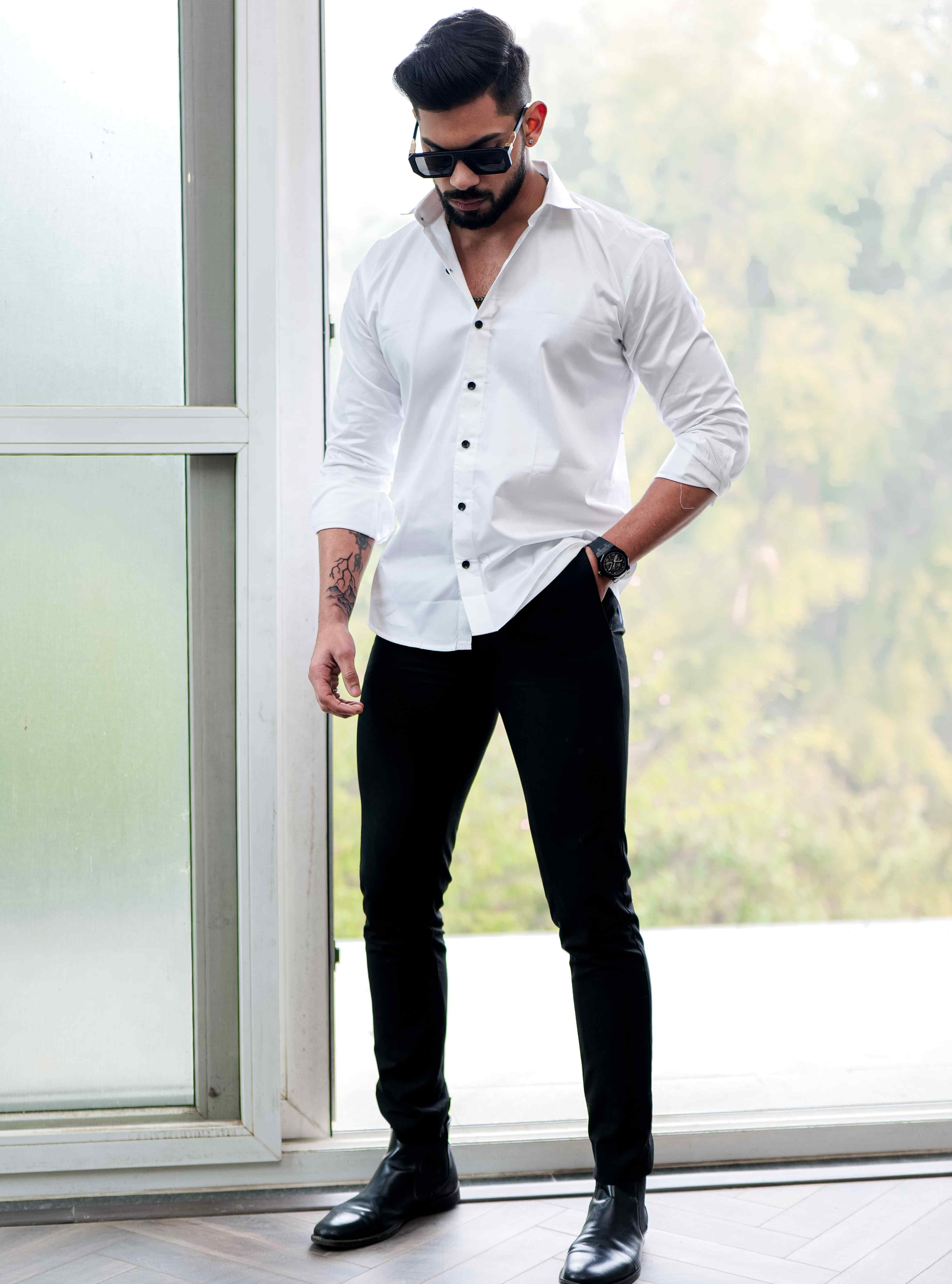 White Starry Beaded Satin Cotton Premium Party Shirt - Image 3