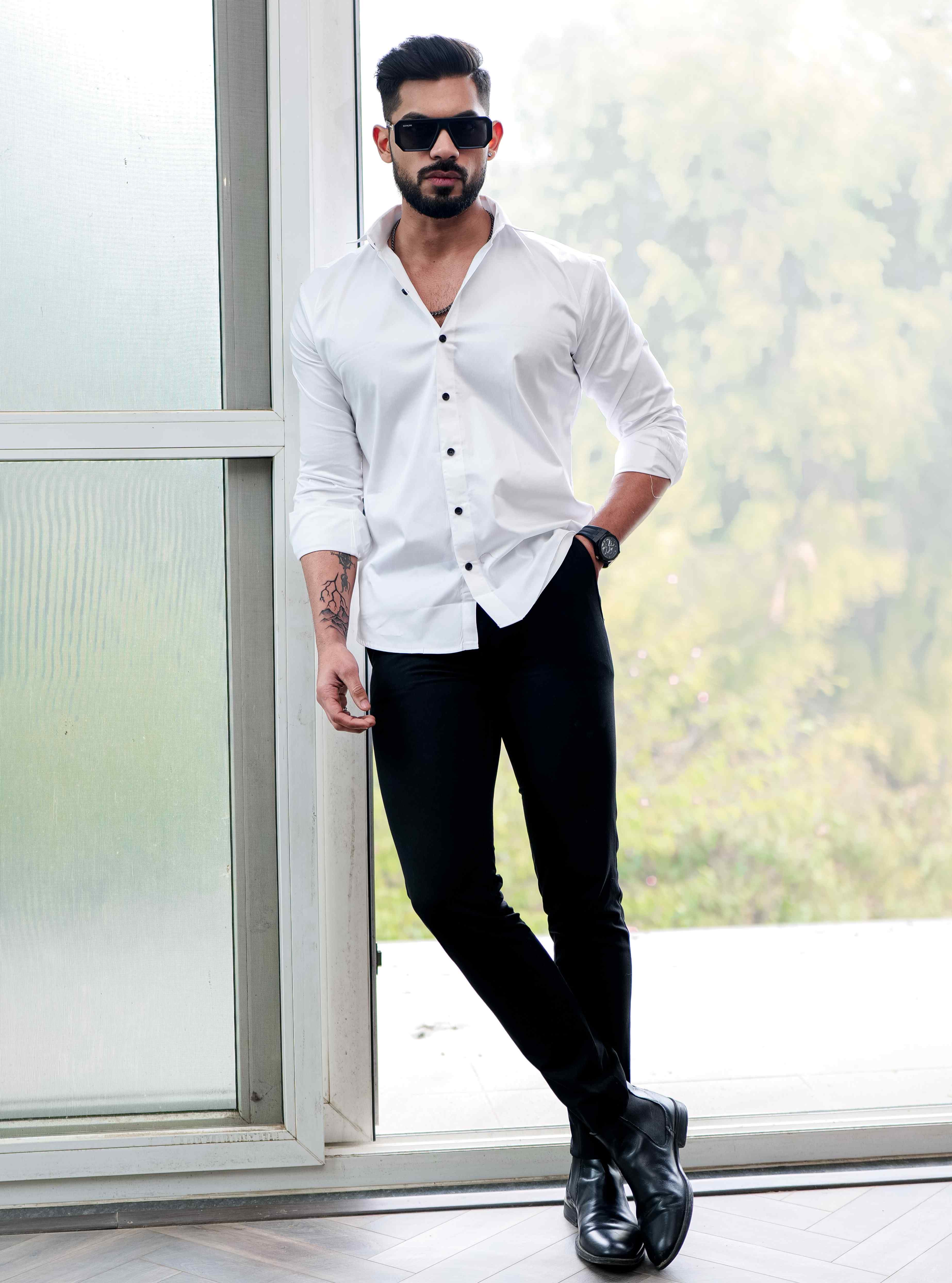 White Starry Beaded Satin Cotton Premium Party Shirt - Image 5