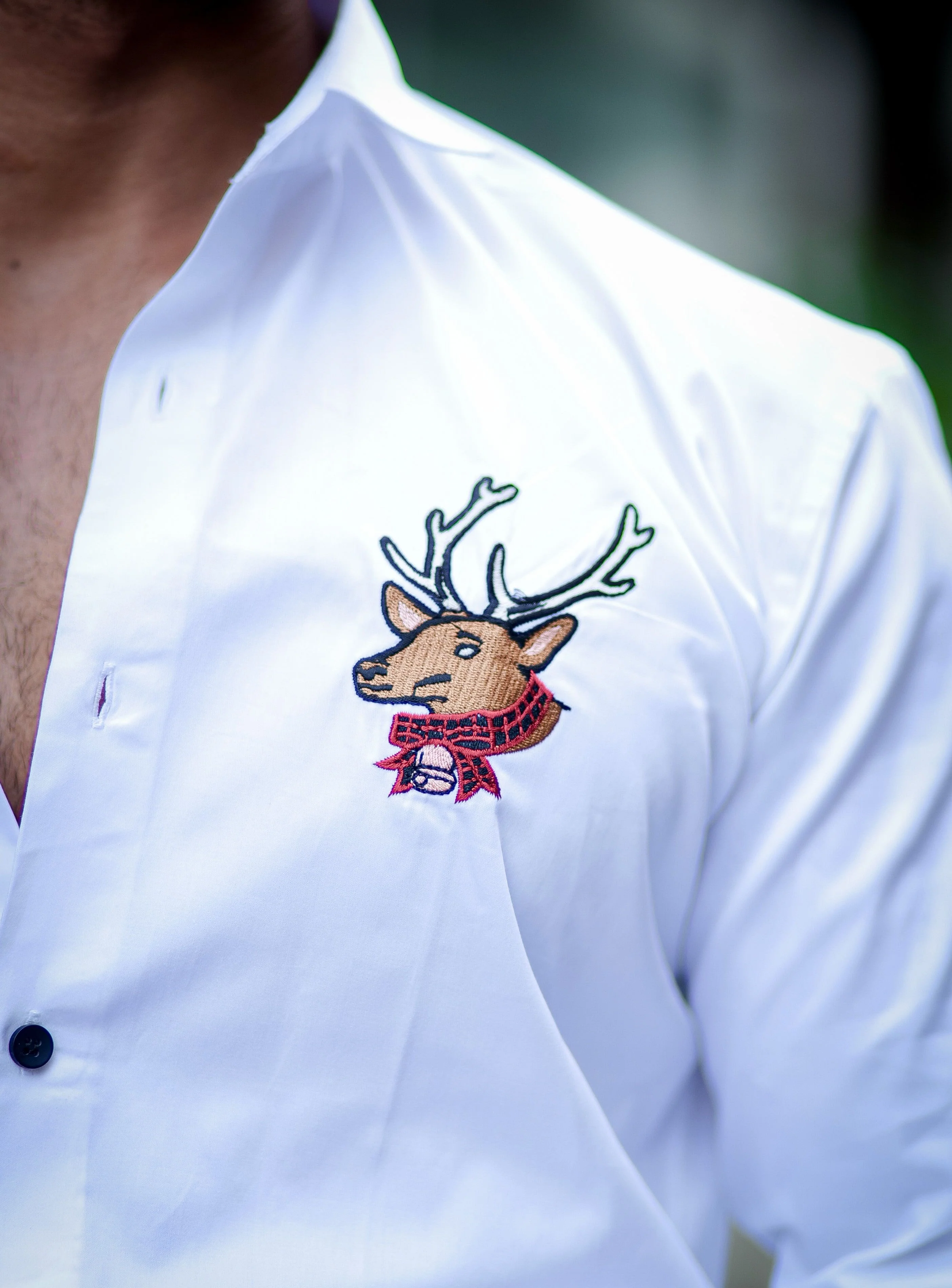 White Subtle Sheen Deer Embroidered Luxury Premium Satin Cotton Shirt - Image 2