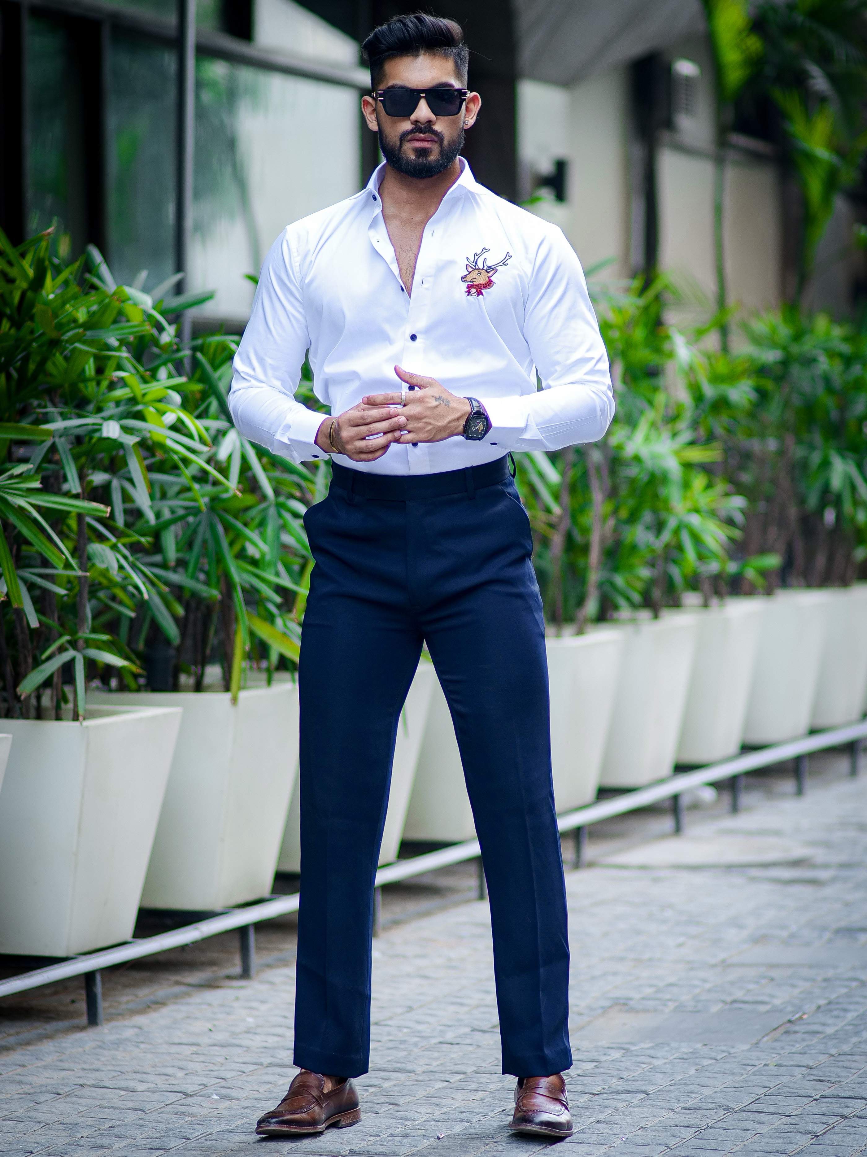 White Subtle Sheen Deer Embroidered Luxury Premium Satin Cotton Shirt - Image 3