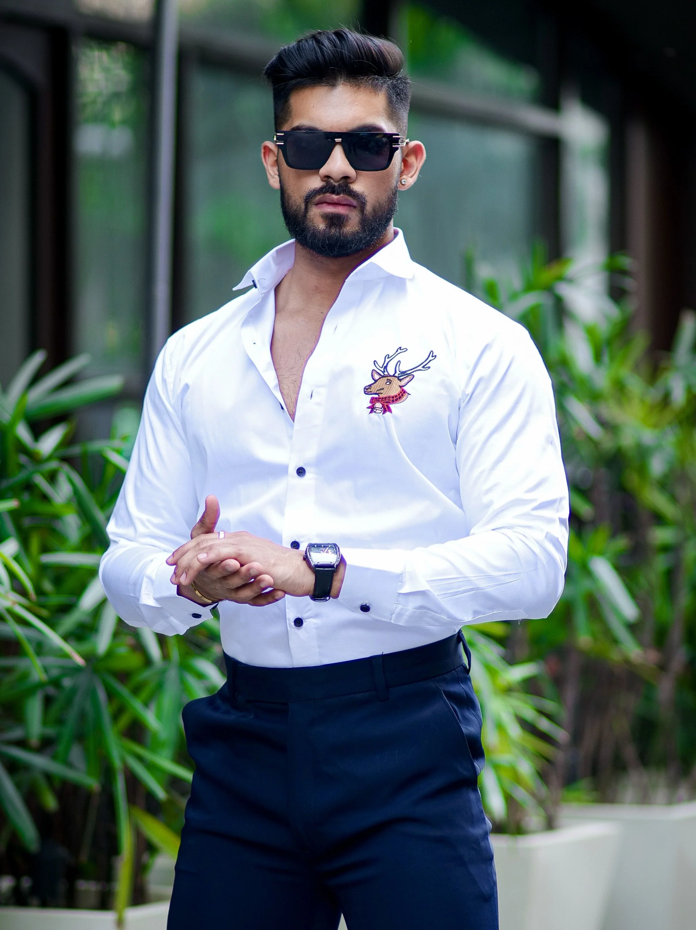 White Subtle Sheen Deer Embroidered Luxury Premium Satin Cotton Shirt - Image 4
