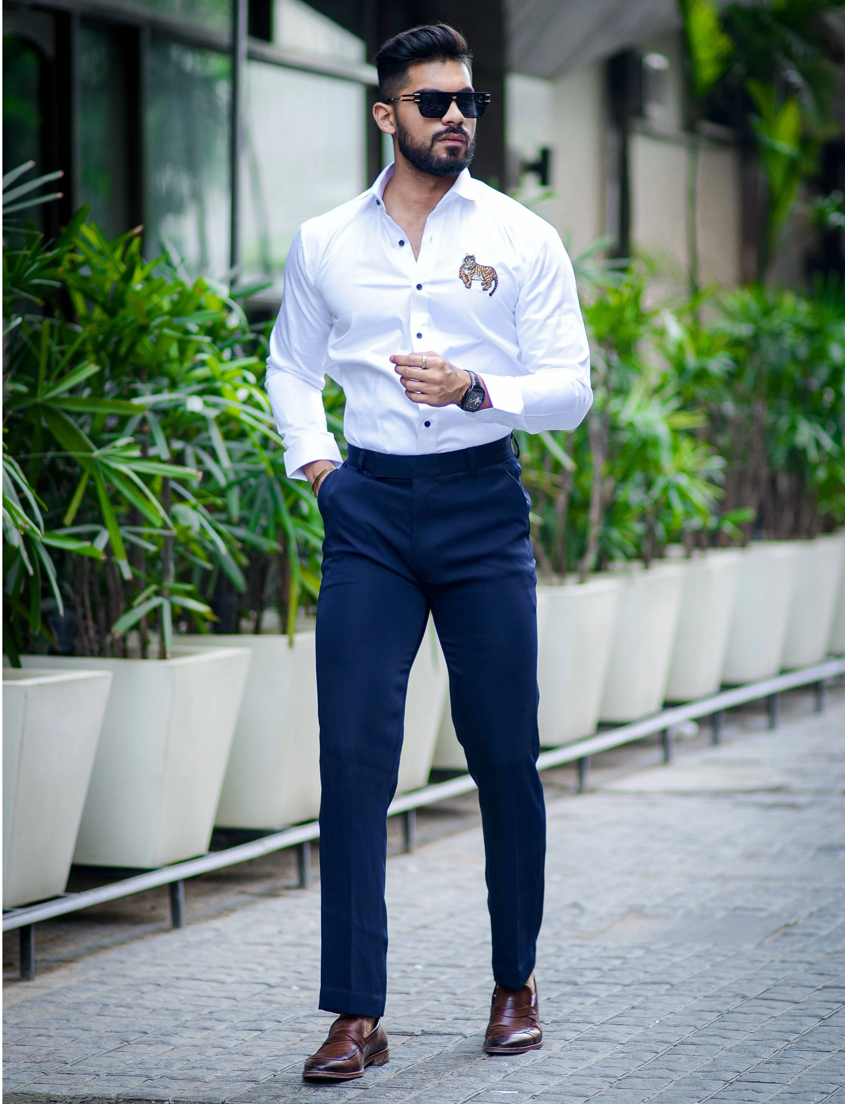 White Subtle Sheen Tiger Cub Embroidered Luxury Premium Satin Cotton Shirt - Image 3