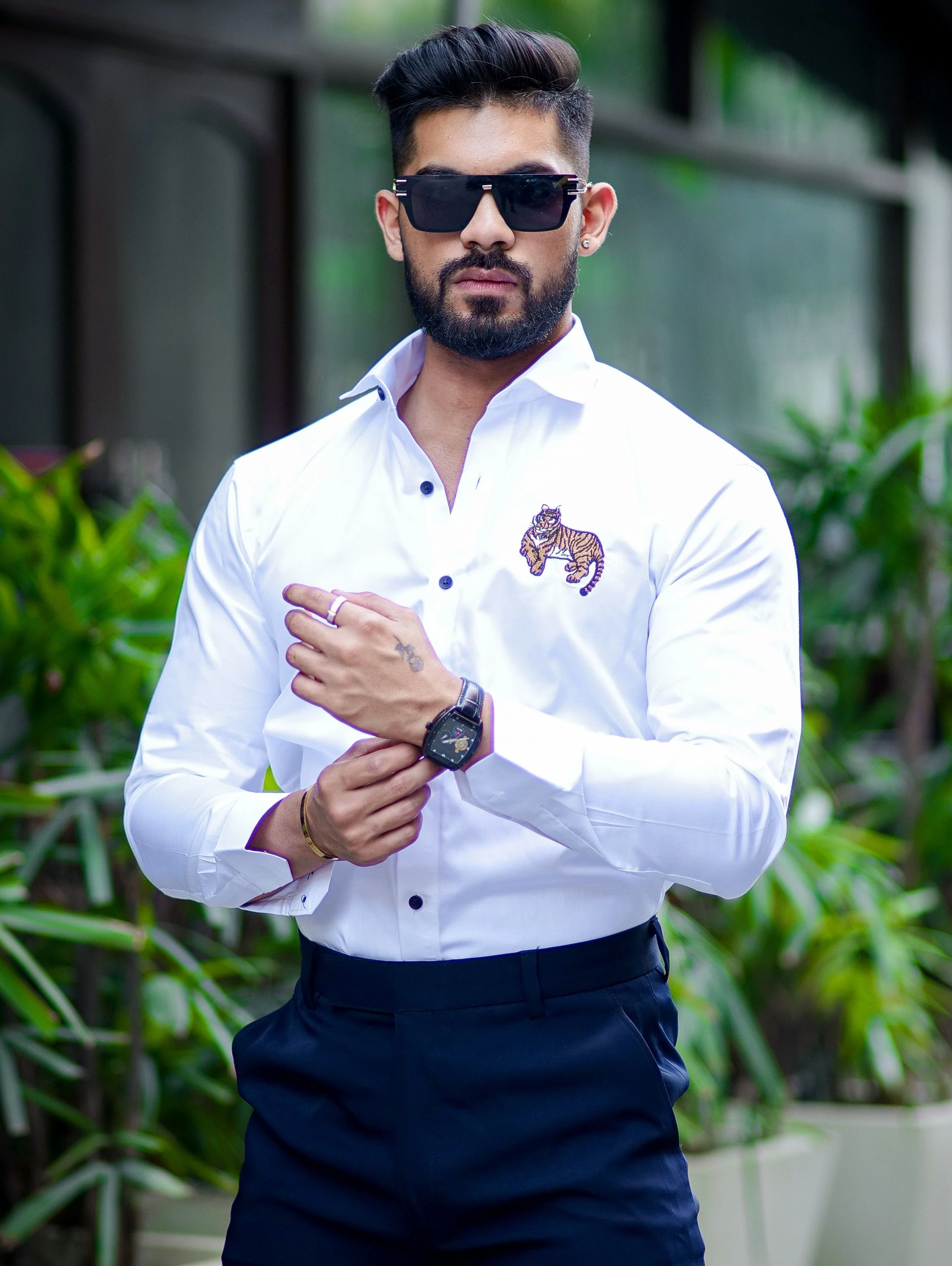 White Subtle Sheen Tiger Cub Embroidered Luxury Premium Satin Cotton Shirt - Image 4