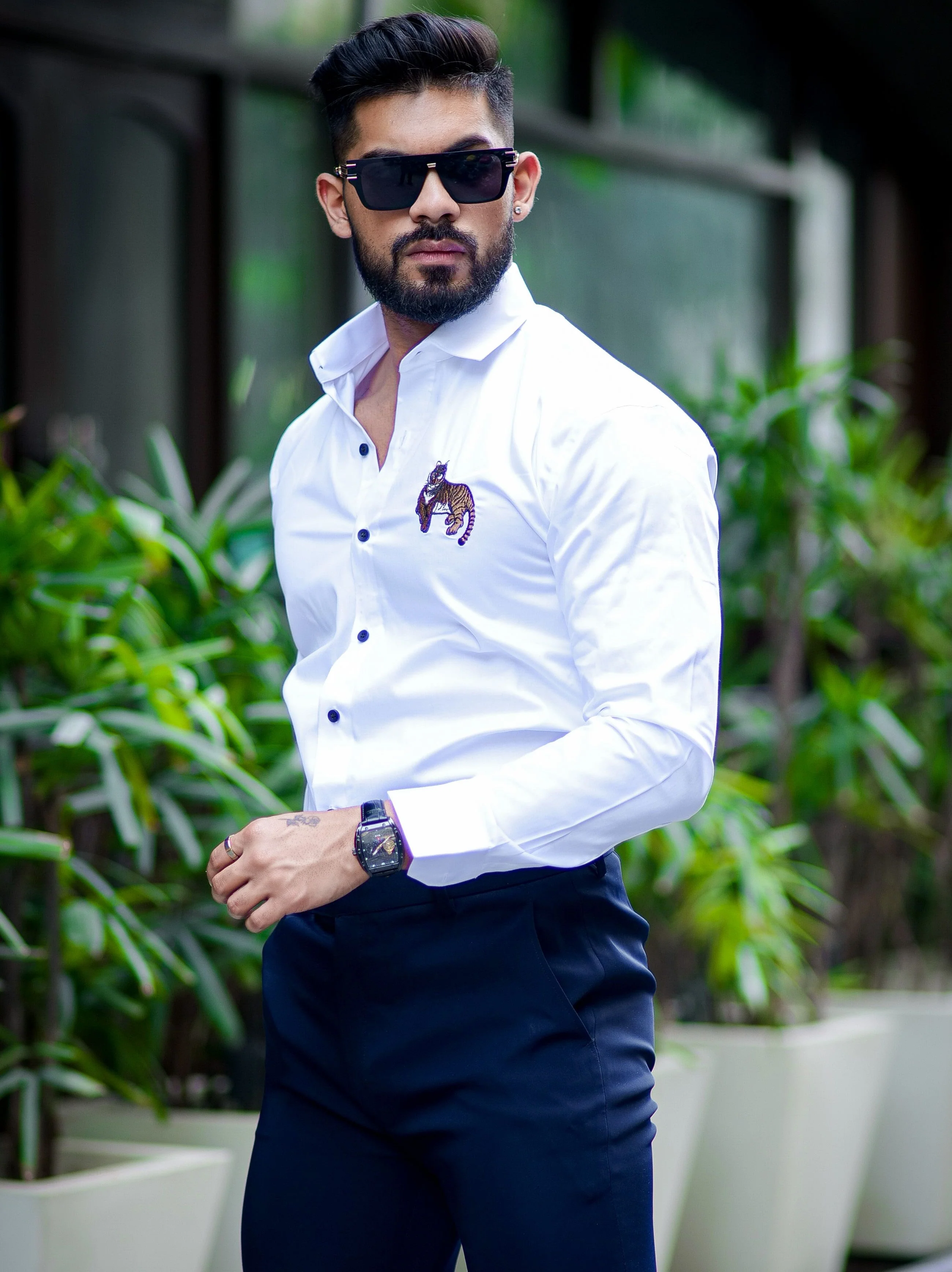White Subtle Sheen Tiger Cub Embroidered Luxury Premium Satin Cotton Shirt - Image 6