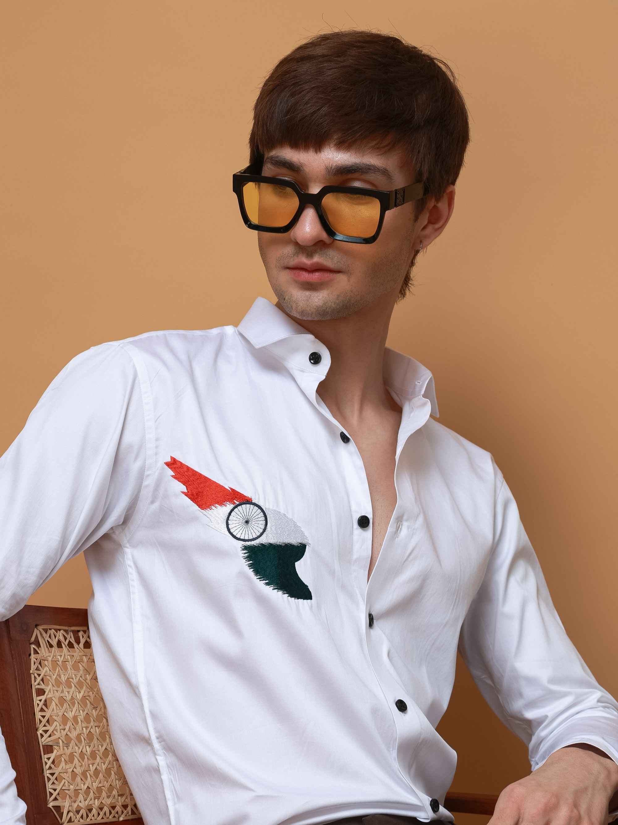 WHITE TIRANGA EMBROIDERED DESIGNER SATIN COTTON SHIRT FOR MEN'S - Image 2