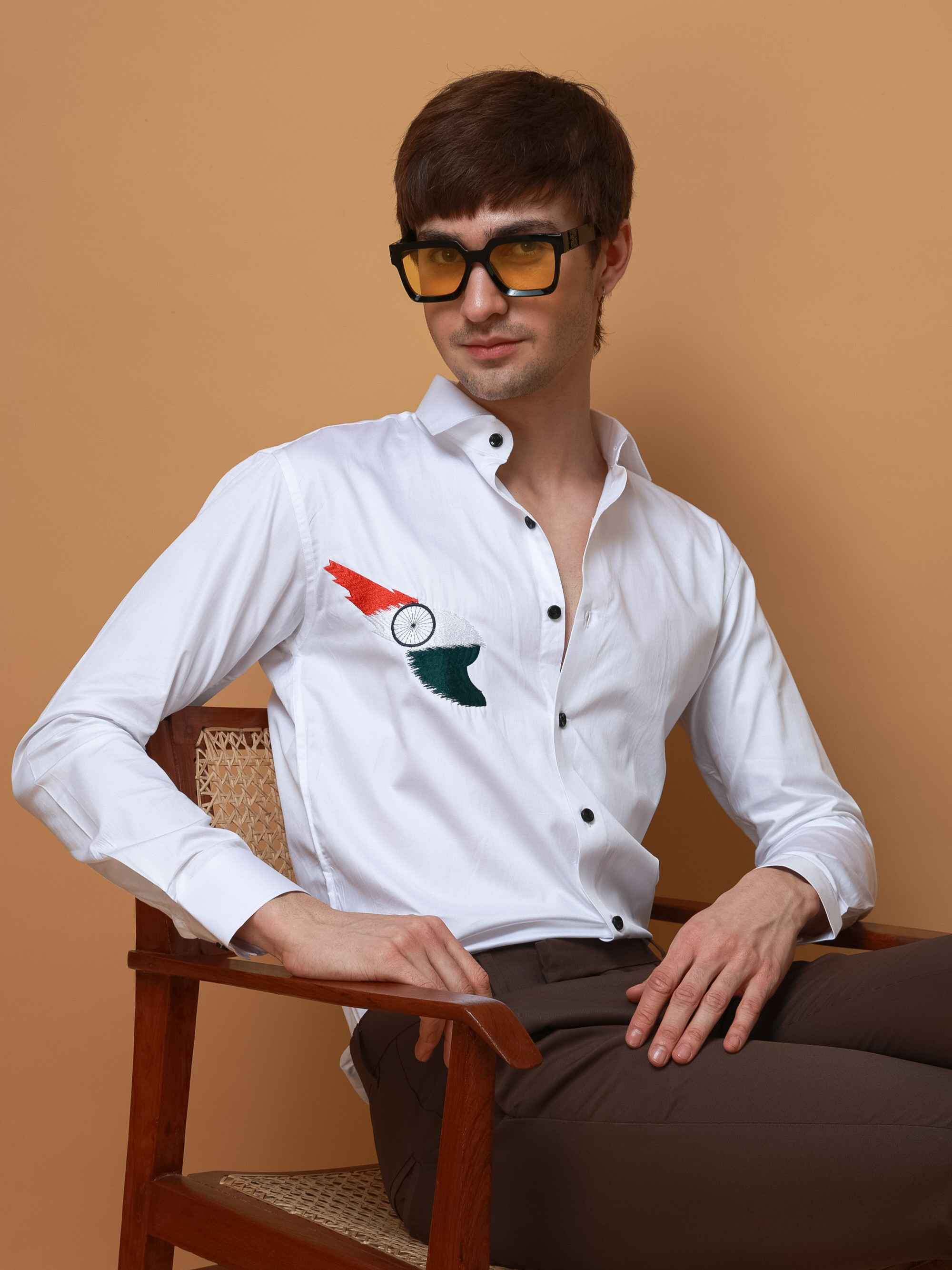 WHITE TIRANGA EMBROIDERED DESIGNER SATIN COTTON SHIRT FOR MEN'S - Image 3