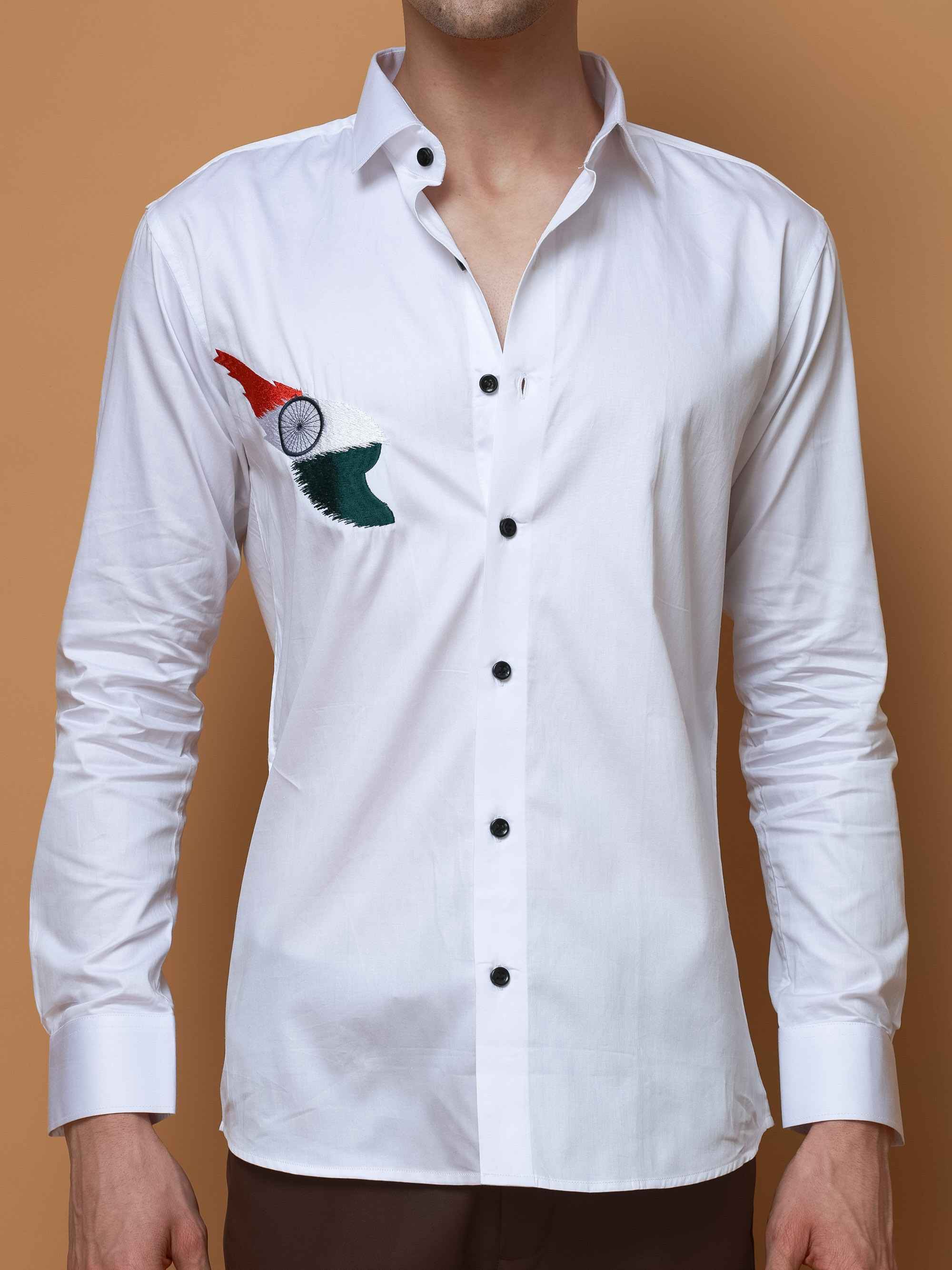 WHITE TIRANGA EMBROIDERED DESIGNER SATIN COTTON SHIRT FOR MEN'S - Image 4