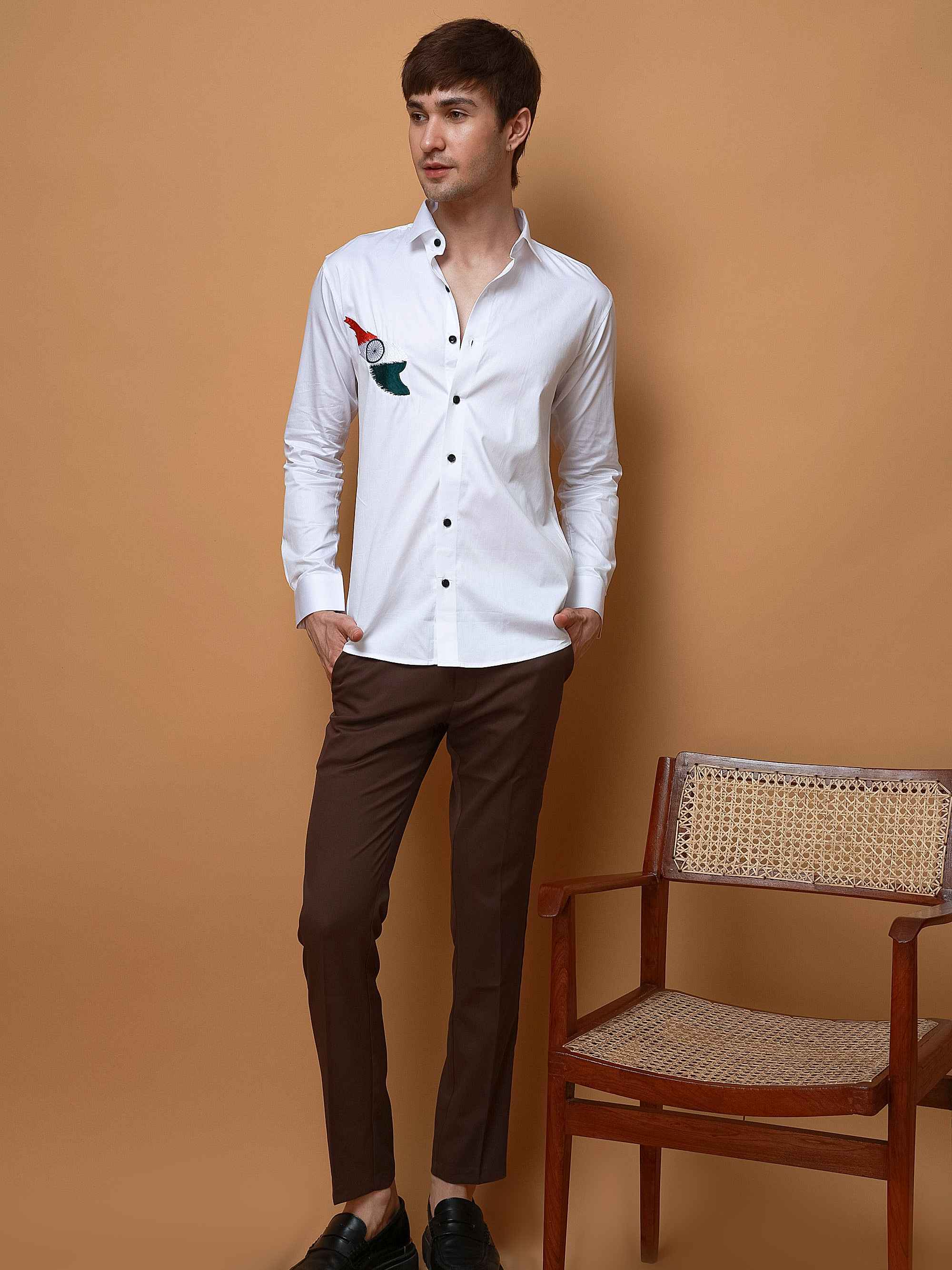 WHITE TIRANGA EMBROIDERED DESIGNER SATIN COTTON SHIRT FOR MEN'S - Image 6