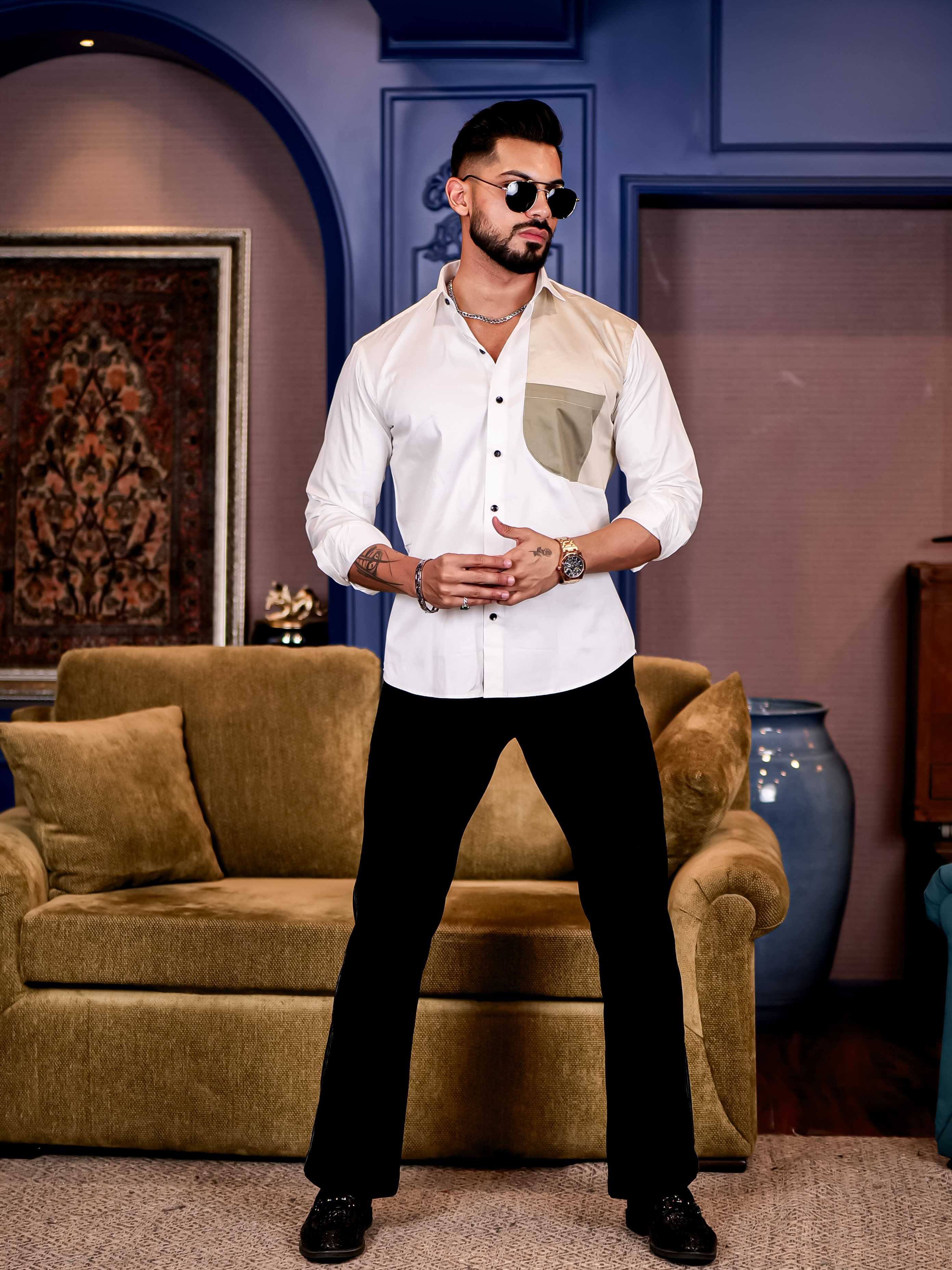 White with Cream Cut n sew Premium Cotton Shirt For Men - Image 5