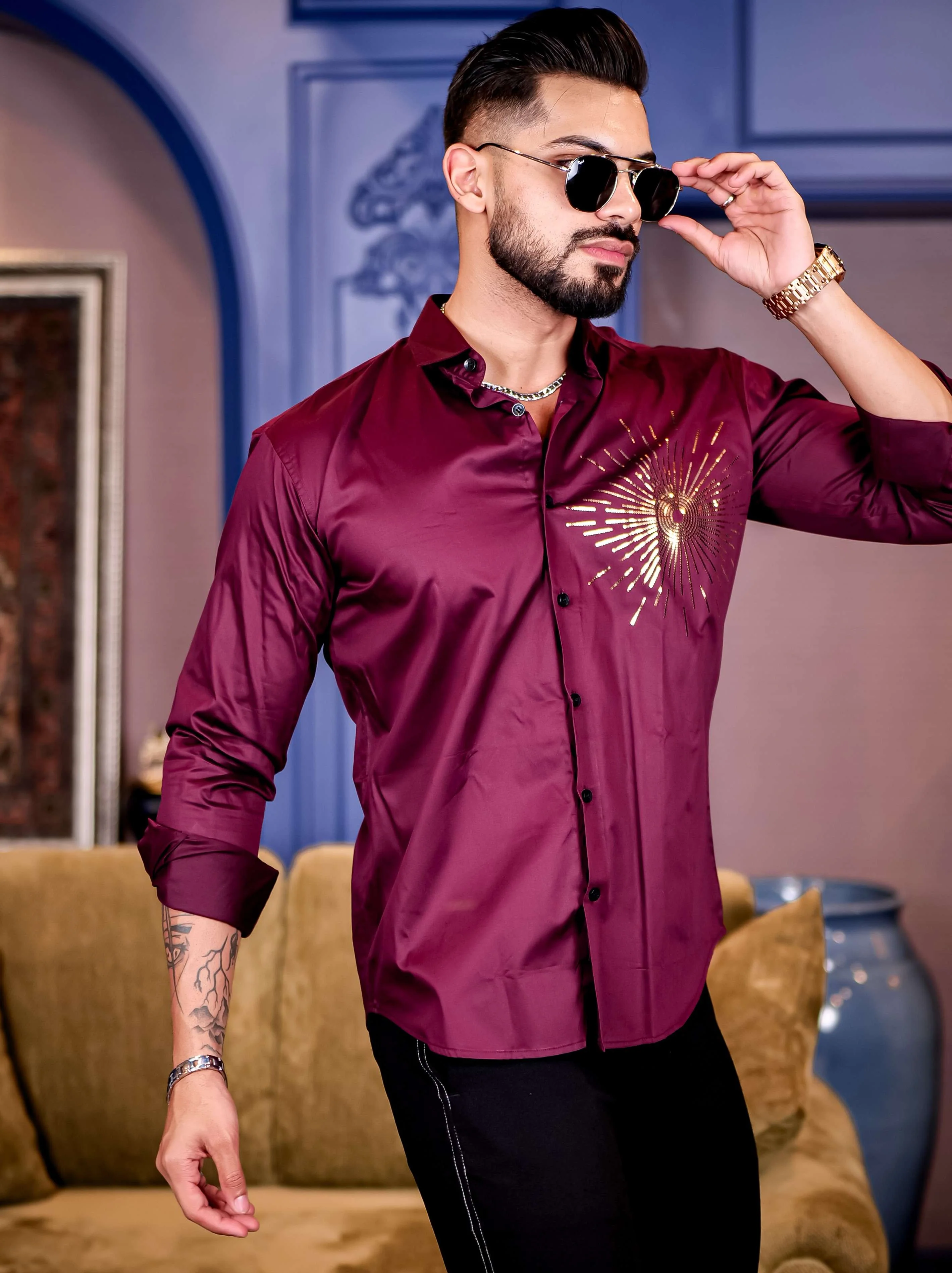Wine Club Wear Sequence Printed Satin Cotton Shirt - Image 3