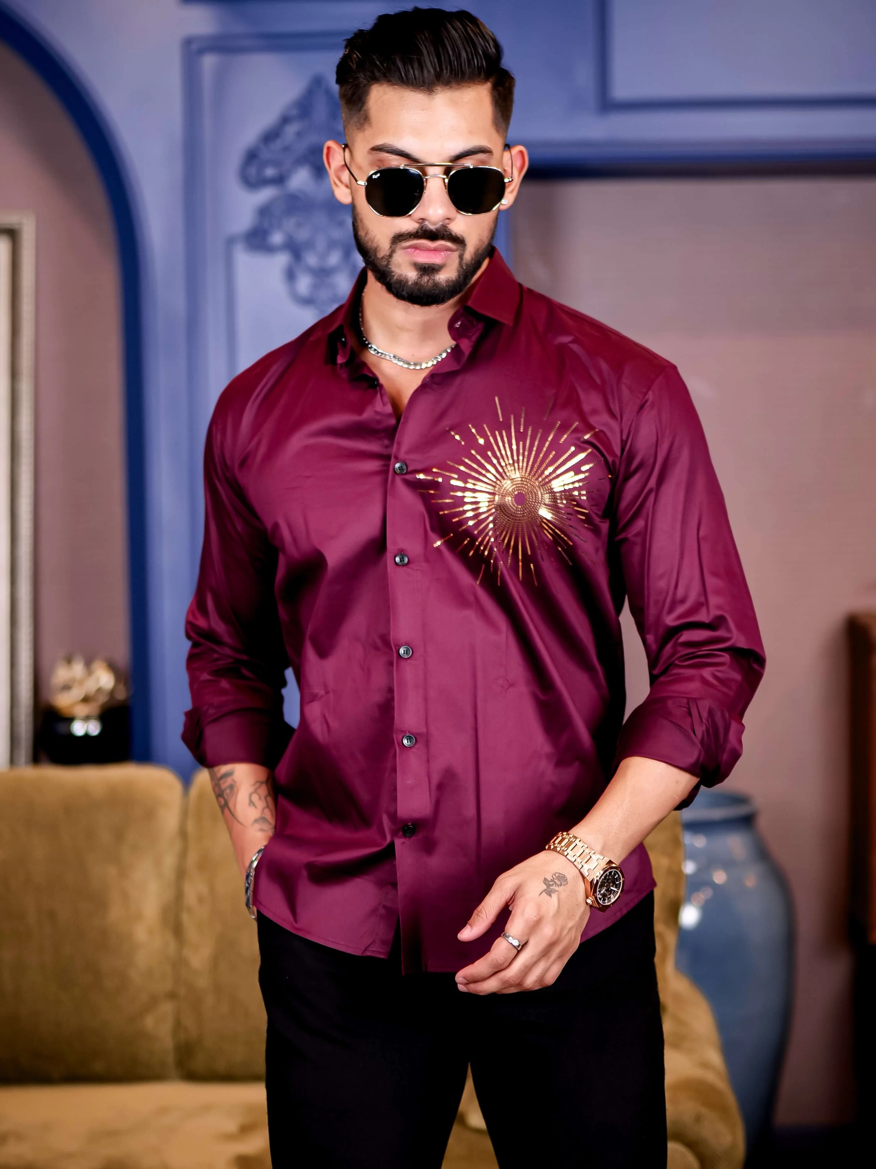 Wine Club Wear Sequence Printed Satin Cotton Shirt - Image 4