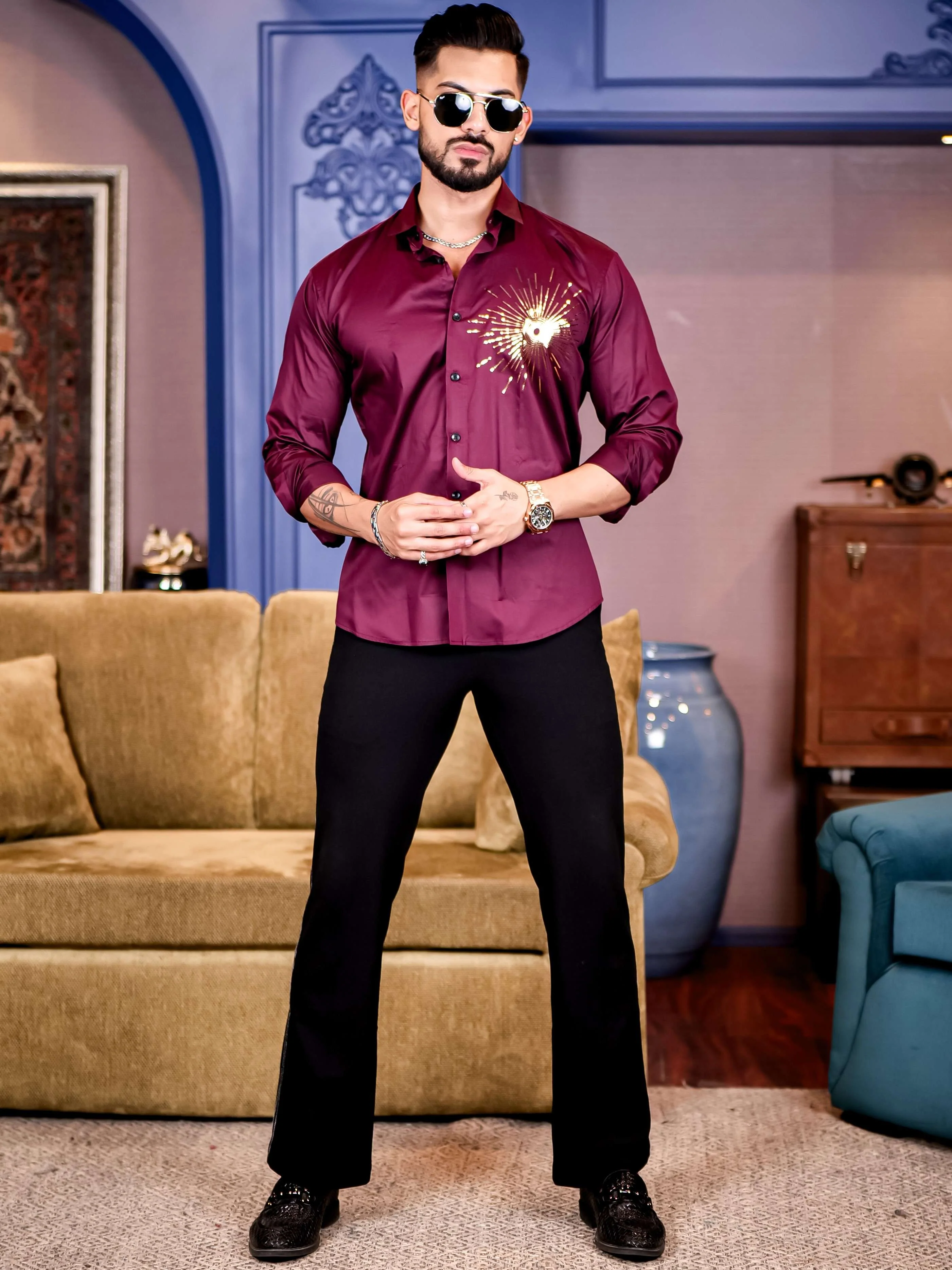 Wine Club Wear Sequence Printed Satin Cotton Shirt - Image 6