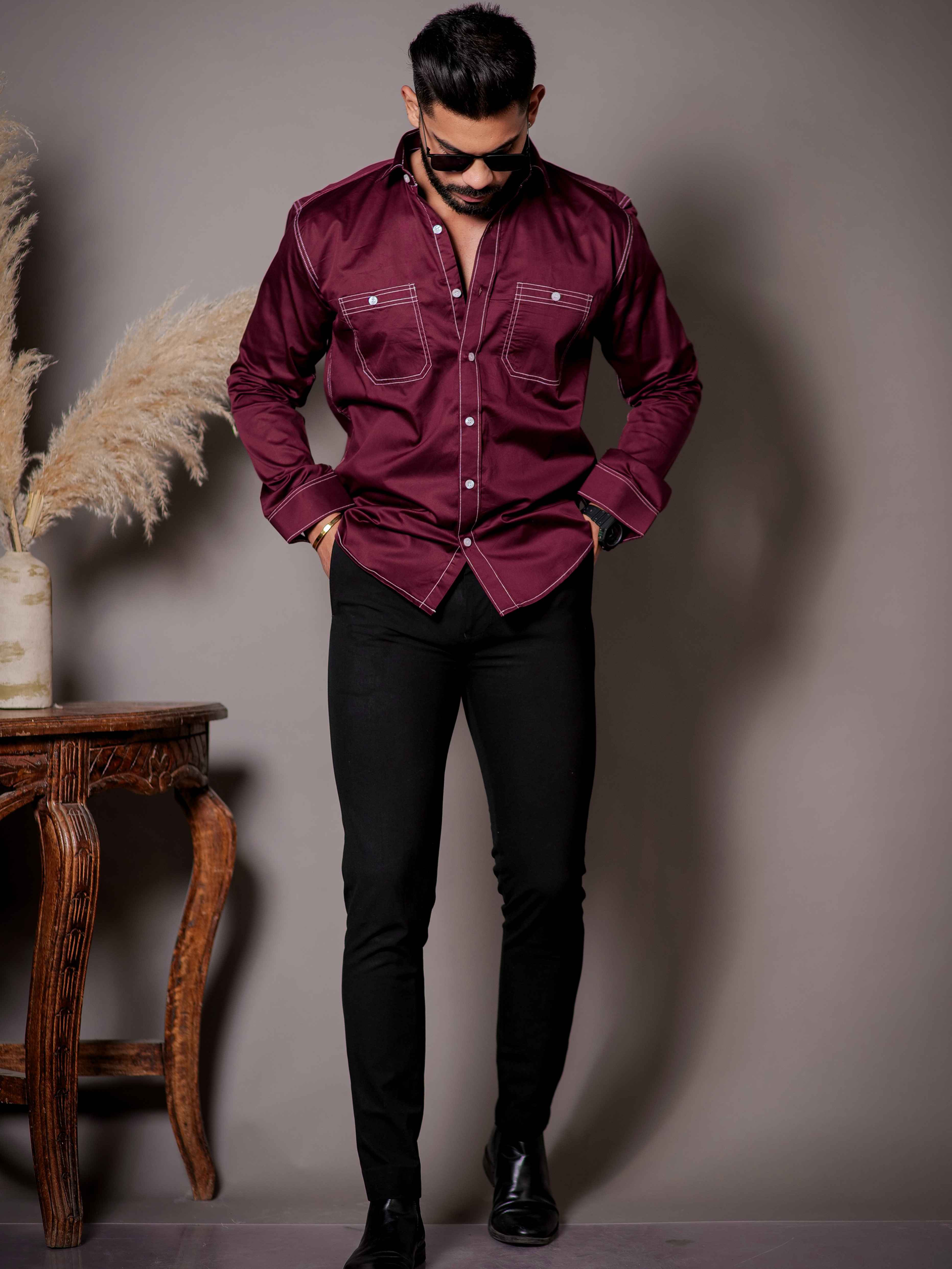 Maroon Premium Satin Cotton Shirt - Image 5