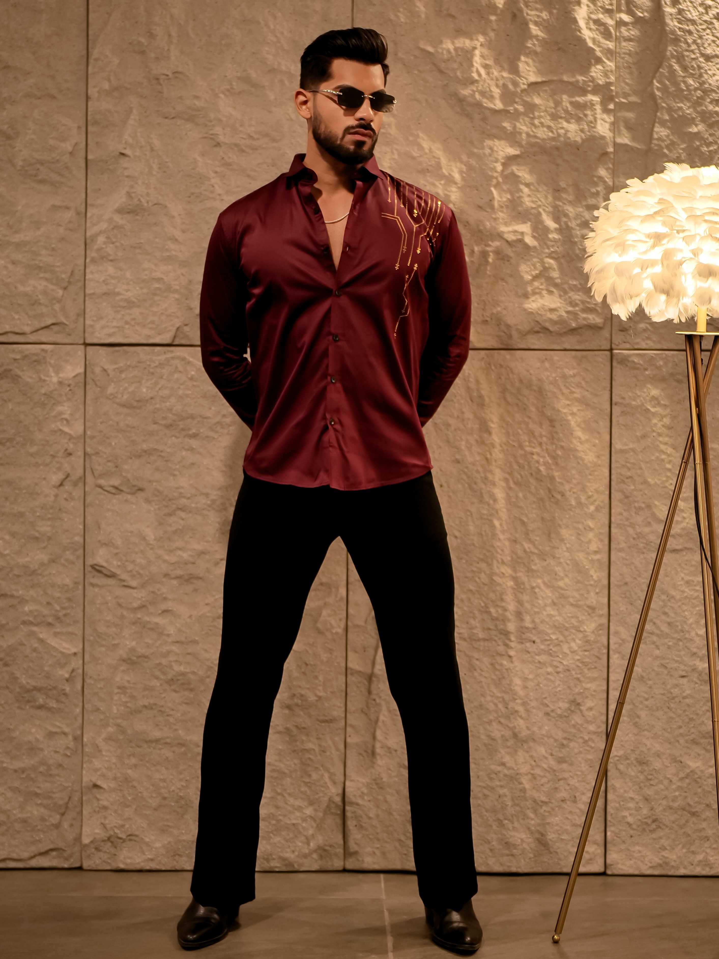 Wine Sequence Club Wear Satin Cotton Party Shirt - Image 3