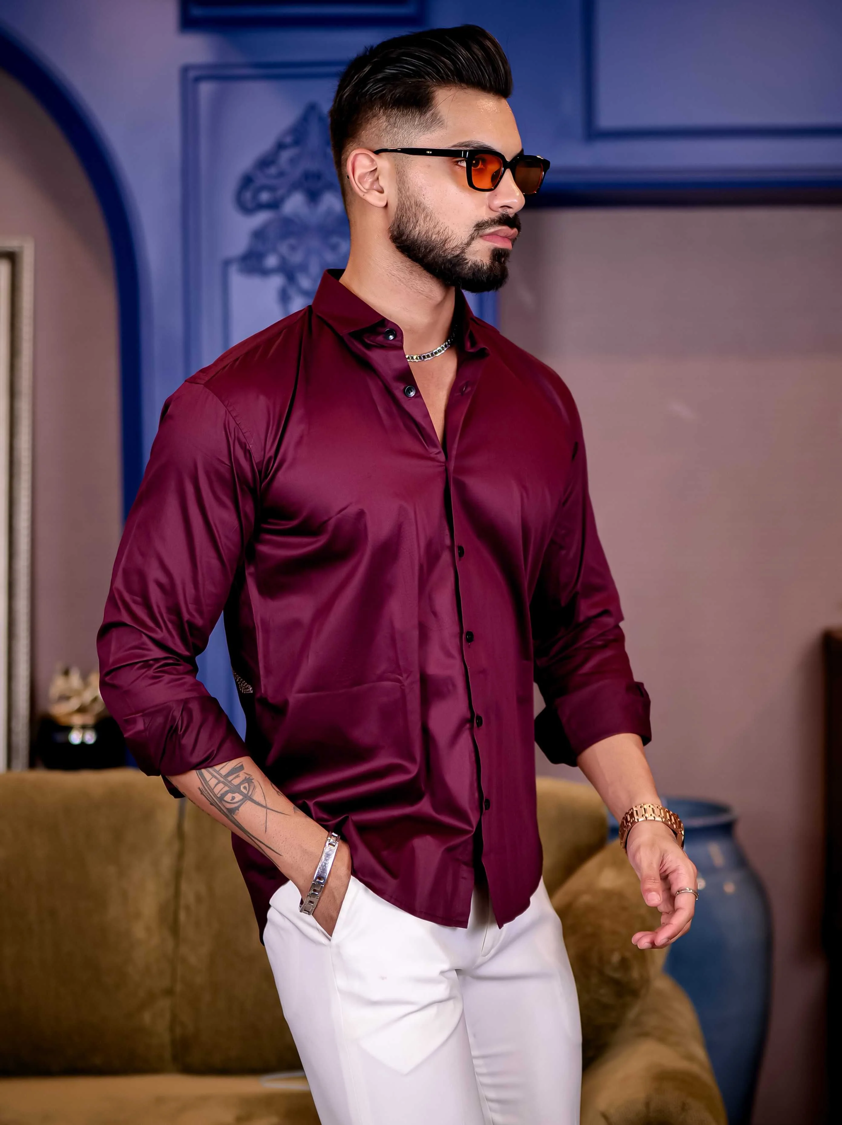 Wine Starry Beaded Satin Cotton Premium Party Shirt - Image 6