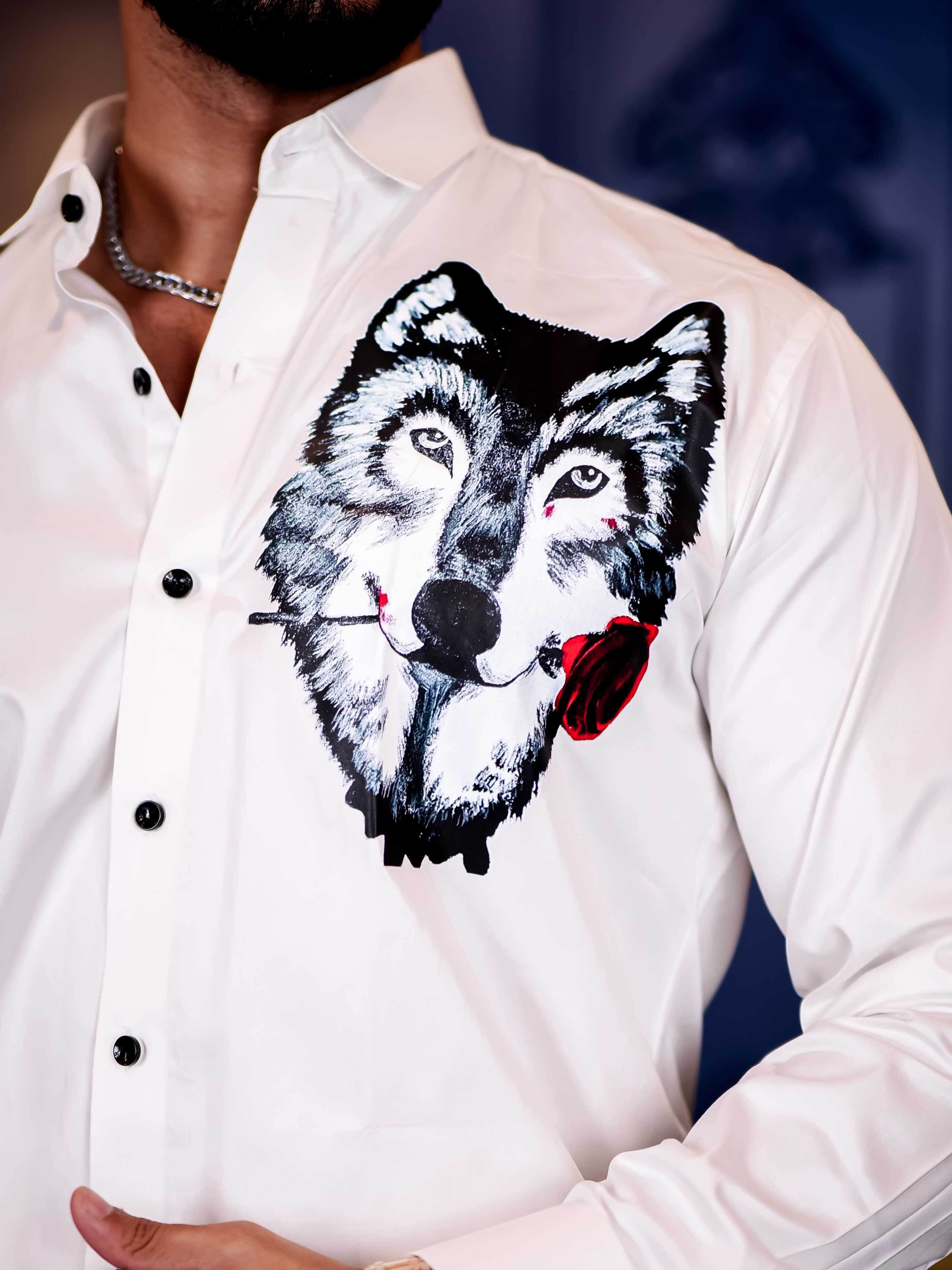 Wolf Love White Club Wear Printed Satin Cotton Shirt - Image 2